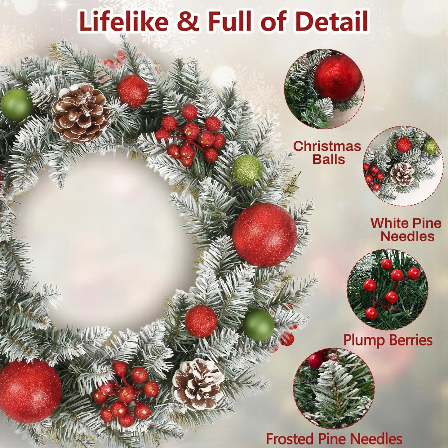 BN-LINK 24 Inch Pre-Lit Artificial Christmas Wreath, 8 Lighting Modes & 50 LED Lights & 180 Branch Tips, X-max Decoration for Home Wall Window Porch