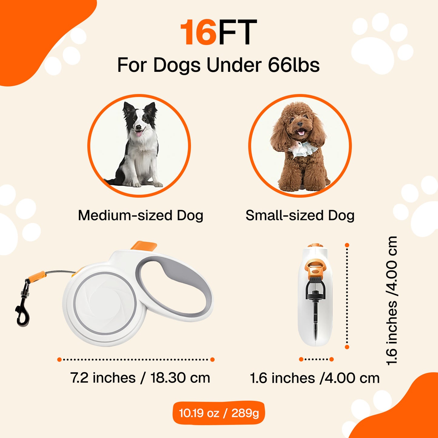 Behome 16Ft Retractable Dog Leash,Walking Leash for Medium Dogs/Cats Up to 66lbs,Luminous Spring Strong Nylon Tape, 360° Tangle Free, One-Handed Brake