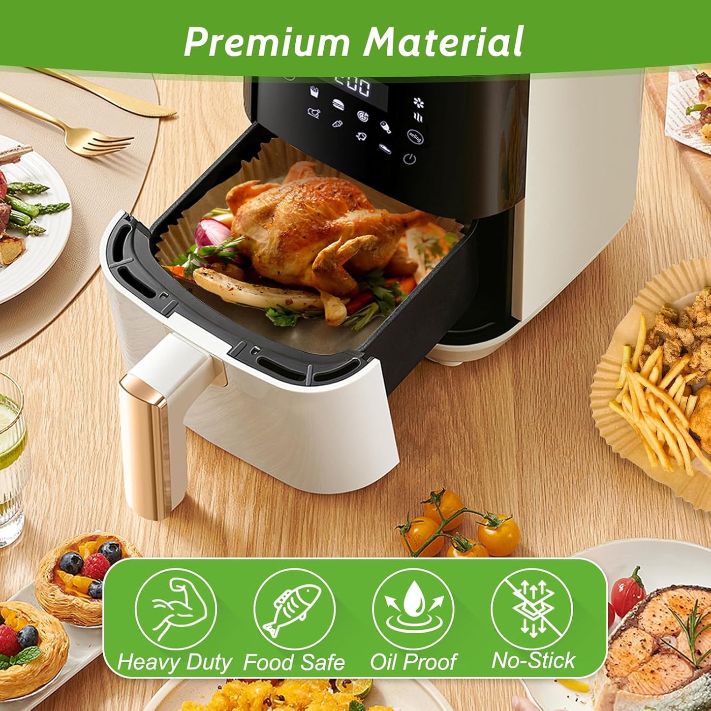 Behome Air Fryer Disposable Paper Liners, 125 Pack 9.45×7.87 Inch Rectangle Air Fryer Paper Liners, Non-Stick Parchment Paper Liners for Air Fryer Basket, Steamer Microwave Oven