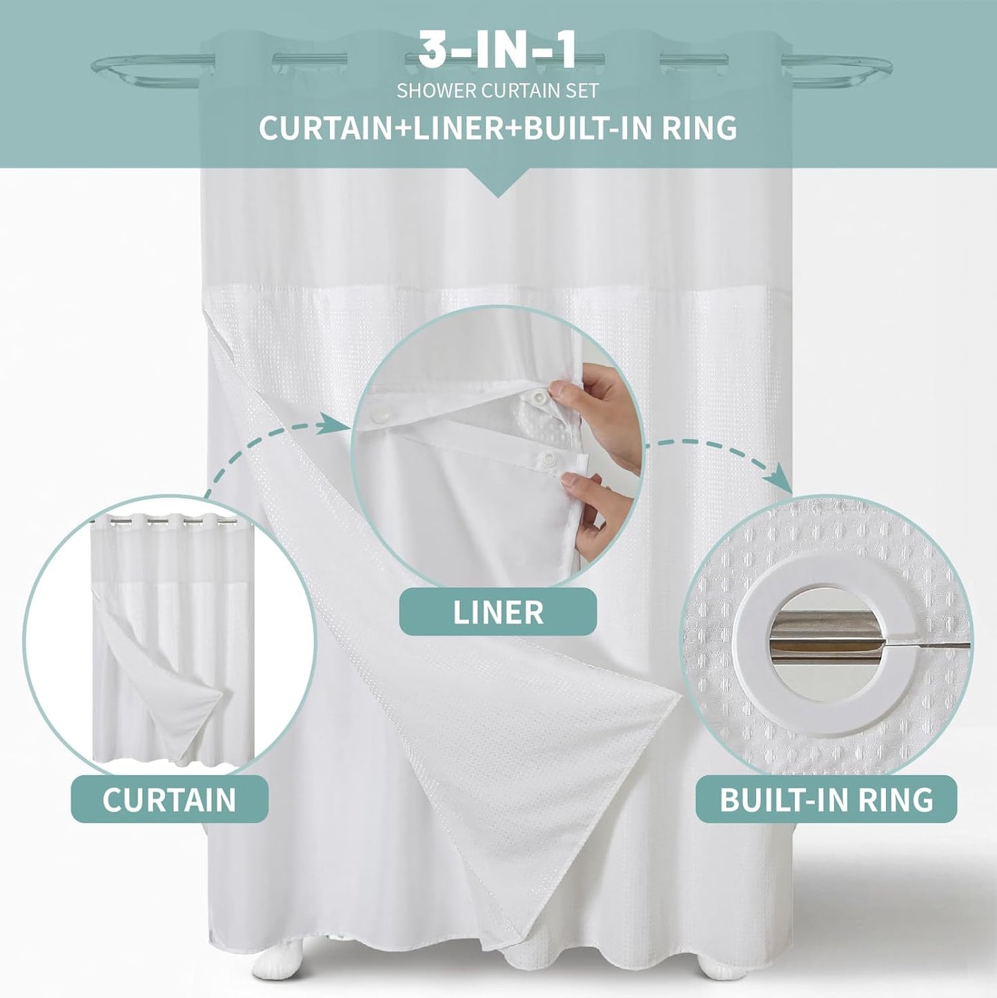 Behome Shower Curtain, Double-layer Waterproof Waffle-textured Thick Fabric Shower Curtain, Bath Curtain Set for Bathroom, 71Wx74H, White