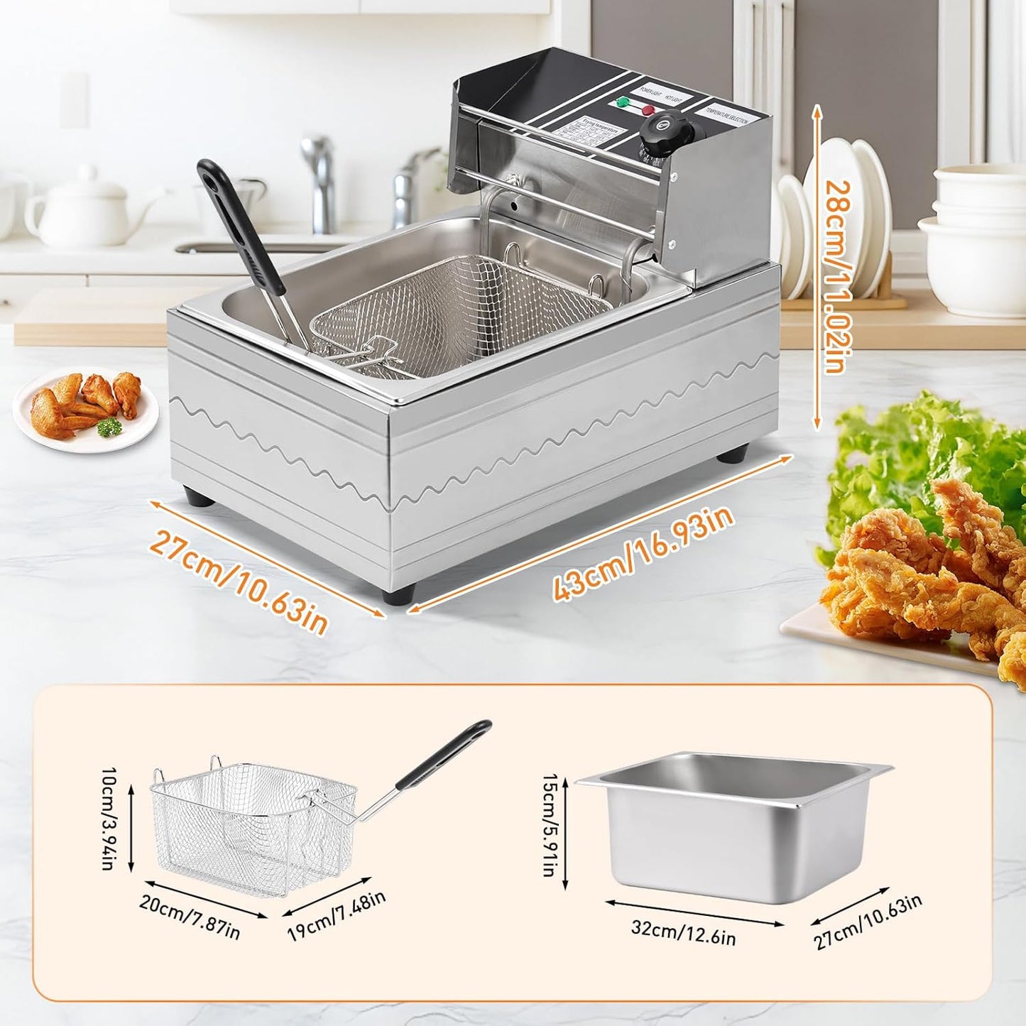 BN-LINK Deep Fryer with Basket, 2500W 6.34QT/6L Thickened Stainless Steel Countertop Electric Oil Fryer, with Adjustable Temperature & Timer