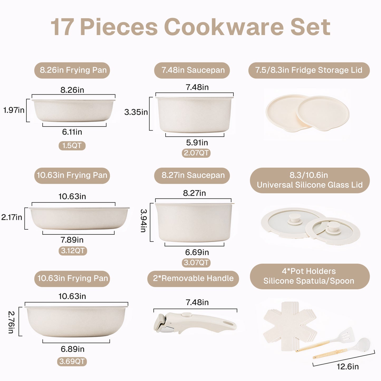 Behome 17 Pcs Pots and Pan Set Non Stick with Detachable Handle, Ceramic Cookware Set, Compatible with Induction, Electric, Gas Cooktops, Dishwasher & Oven Safe