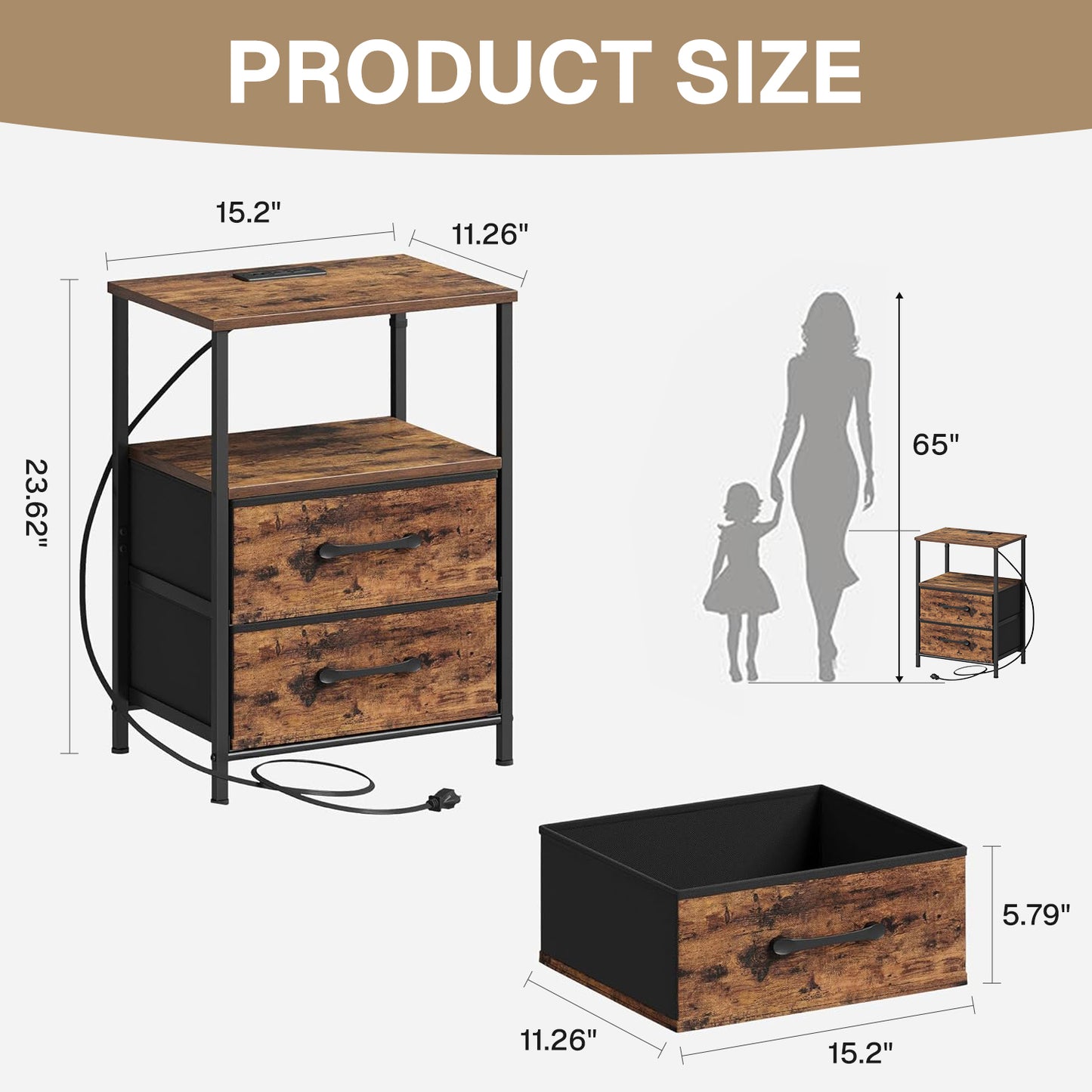 Behome Nightstand with Charging Station, Bedside Table with Storage, End Tables with USB Ports and Outlets for Bedroom, Living Room,Rustic Brown