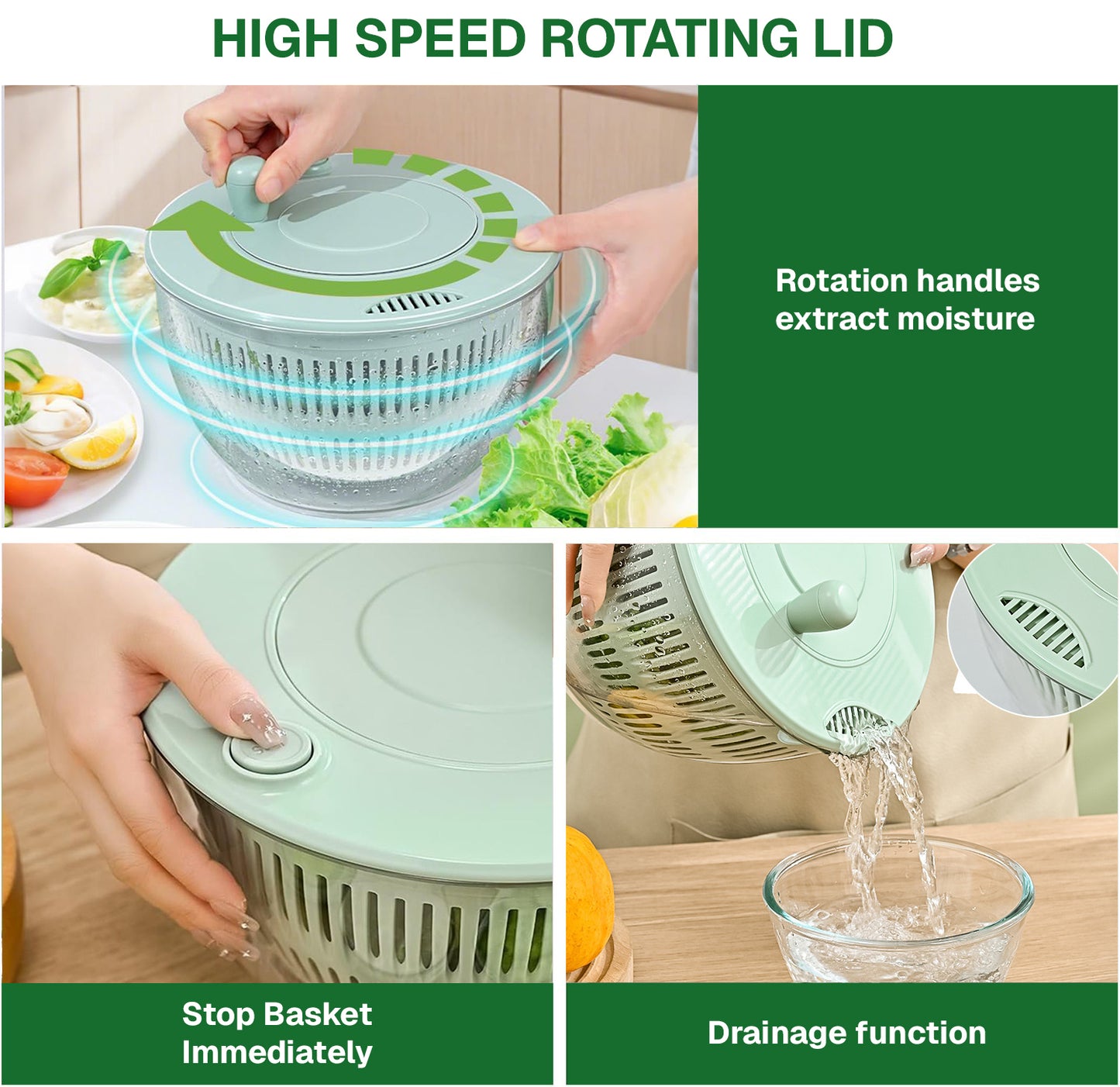 Behome Salad Spinner with Drain, 4.2 Quart Large Lettuce & Fruit Washer with 6 Blades, Multi-Use Lettuce Spinner, Vegetable Dryer for Spinning, and Draining