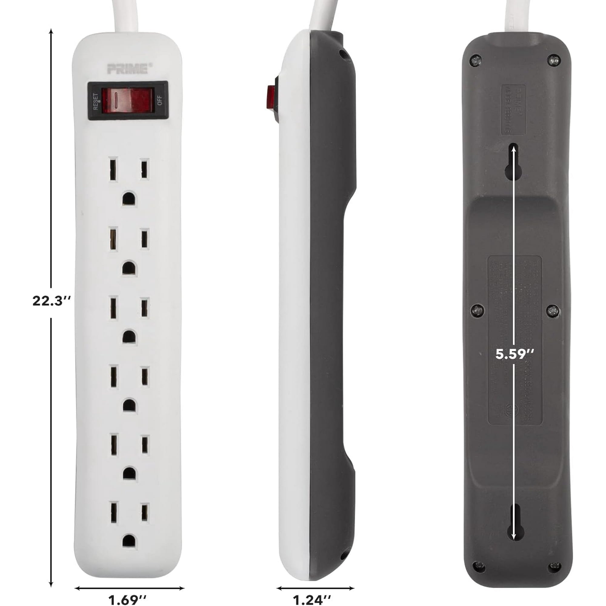 Clear Power 2-Pack 6 Outlet Power Strip with 1.5 ft Power Cord, 3 Prong Grounded Straight Plug, White, 15 Amp Circuit Breaker