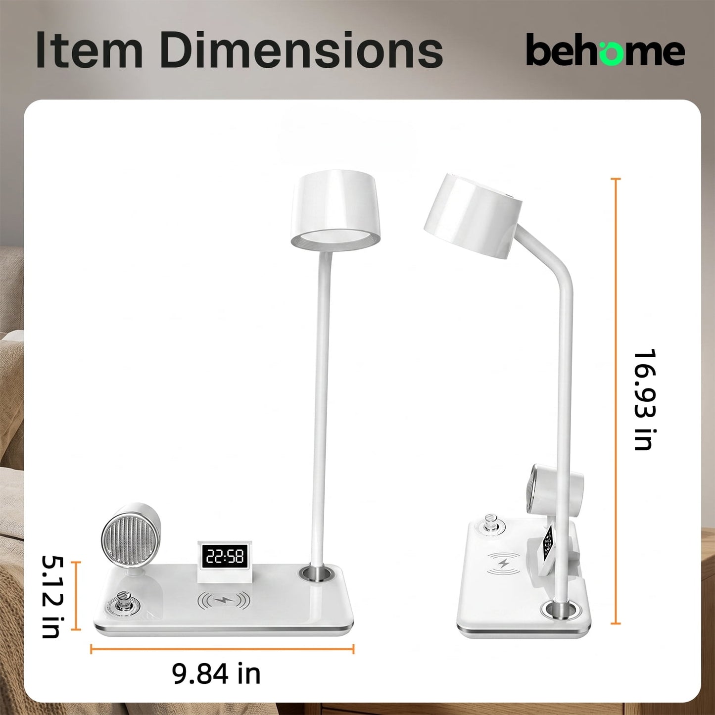 Behome 4-in-1 Desk Lamp with Wireless Charger, Digital Clock & Bluetooth Speaker, Eye-Caring 3-Color Dimmable Table Lamp, Flexible Gooseneck Desk Light for Home Office