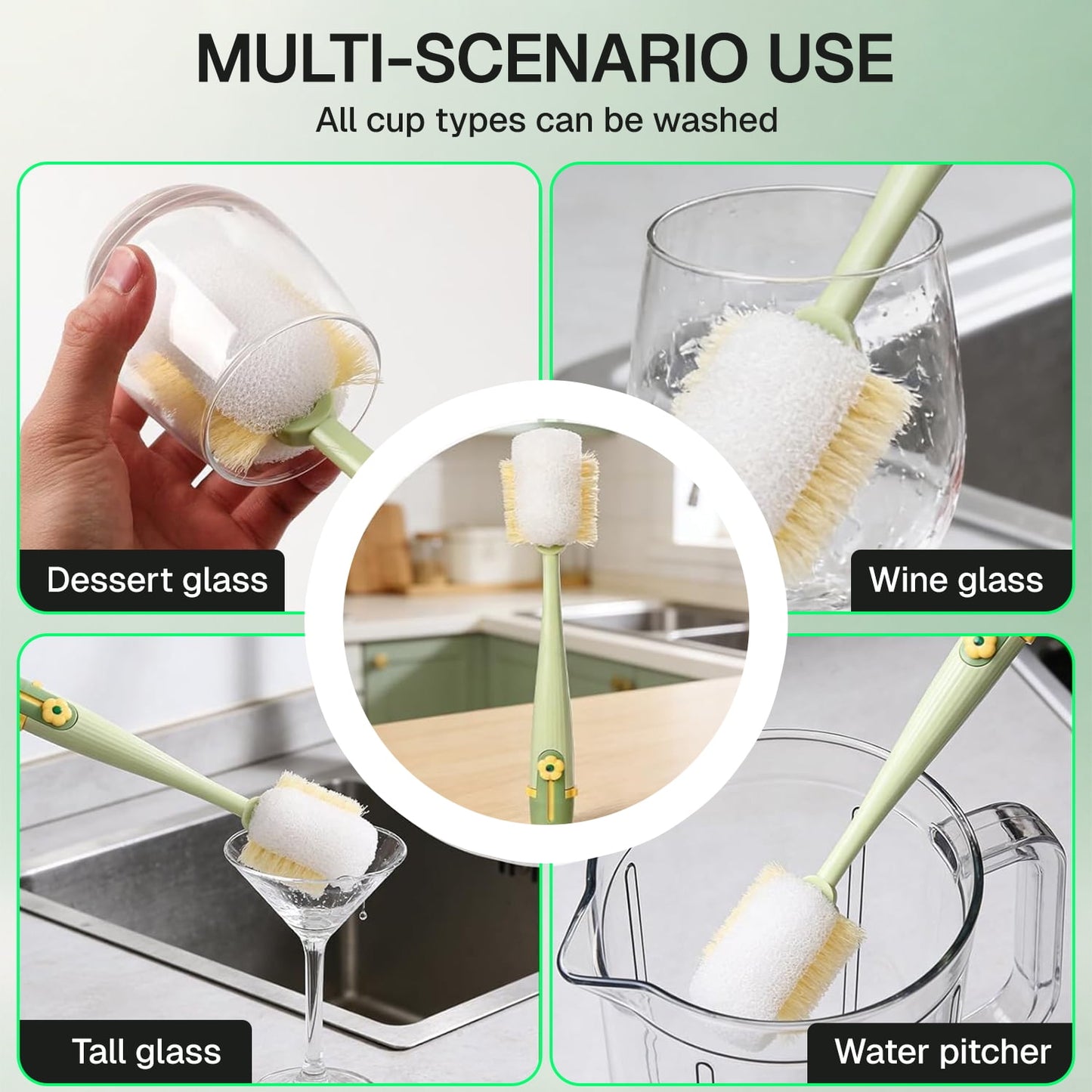 Behome 2 Pack Bottle Brush, 5 in 1 Multifunctional Bottle Brush Cleaner with Long Handle for Cleaning Cup, Water Bottles, Tumblers, Baby Bottles