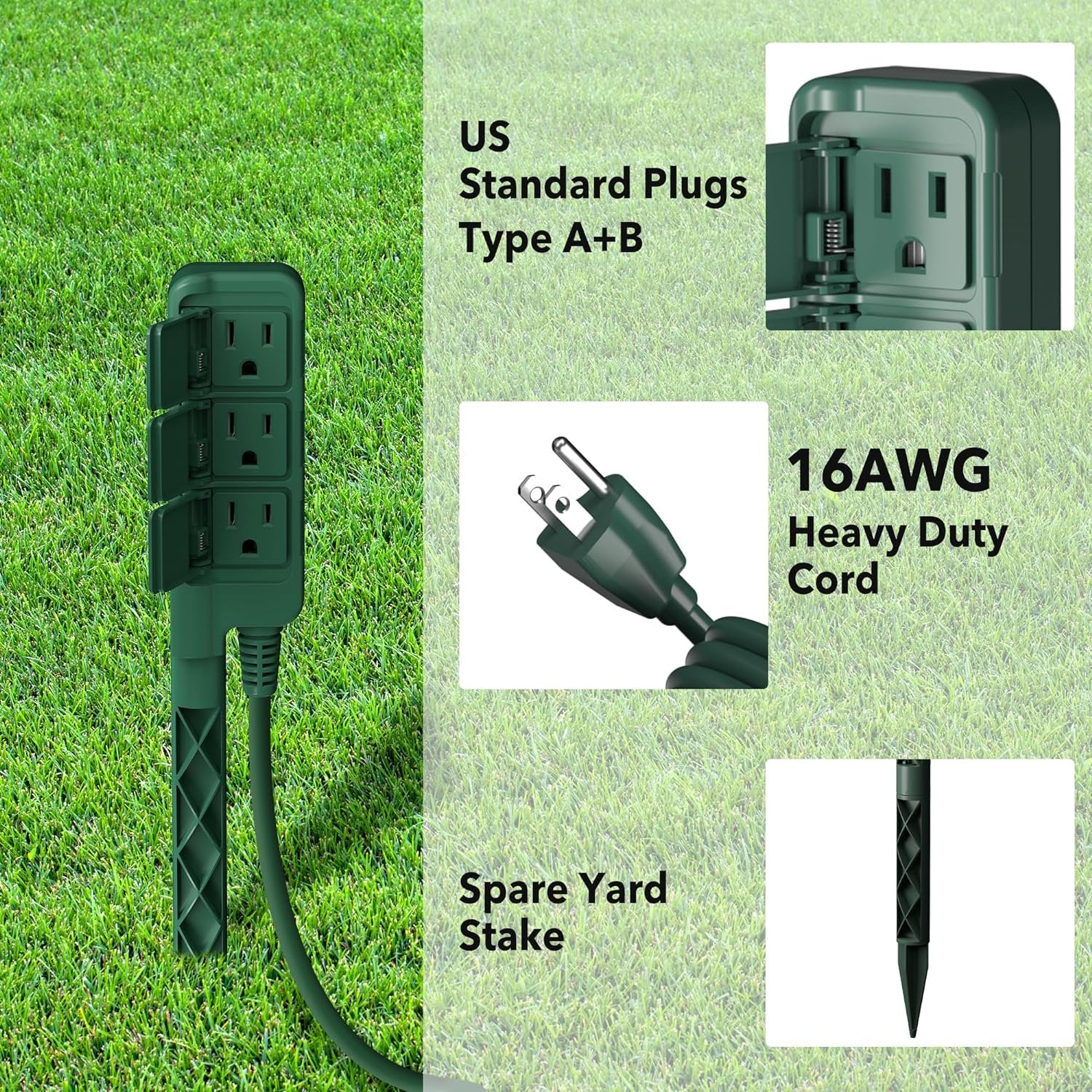 HBN Outdoor Power Stake Waterproof with 6FT Long Extension Cord, 3 Grounded Outlets Yard Power Strip with Protective Covers, Electrical Power Stake with Multiple Plug Socket for Garden Decoration