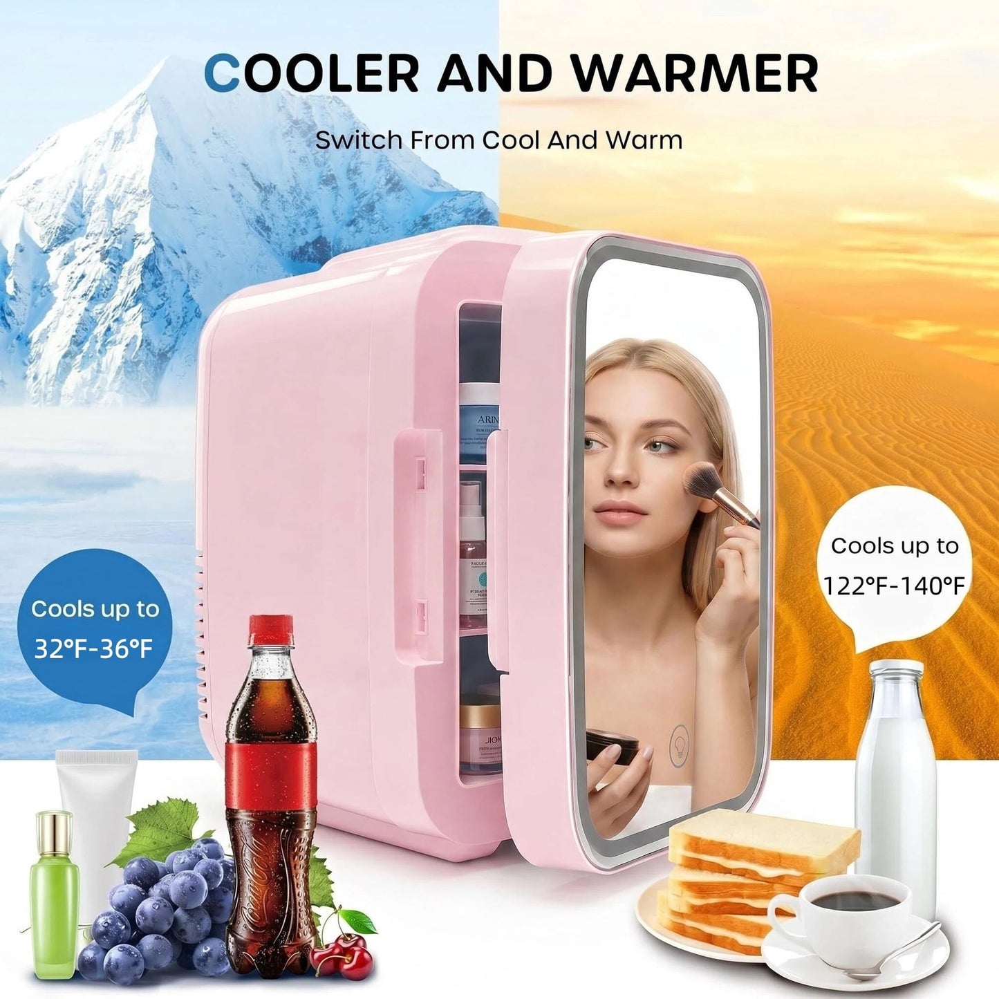 Behome 4L Mini Fridge with Mirror & 3 Brightness Levels, Quiet Small Fridge Cooler & Warmer, Mini Refrigerator for Bedroom, Office, Car, for Food, Drinks, Skincare & Makeup