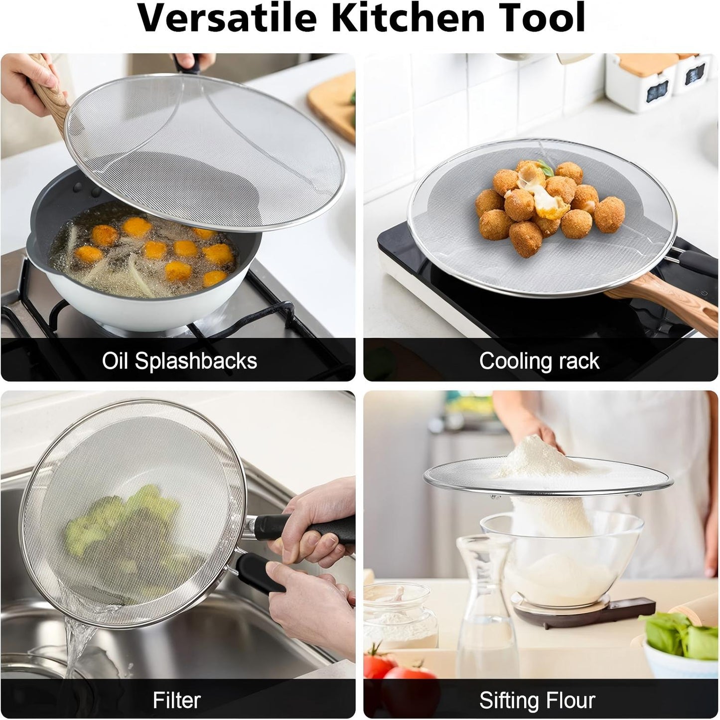 Behome 3 Pack Splatter Screen Set for Frying Pan, 13", 11.5", 9.5" Stainless Steel Grease Splatter Guard, Heat-Resistant Handle, Oil Splash Cover for Bacon, Fried Chicken & Cooking