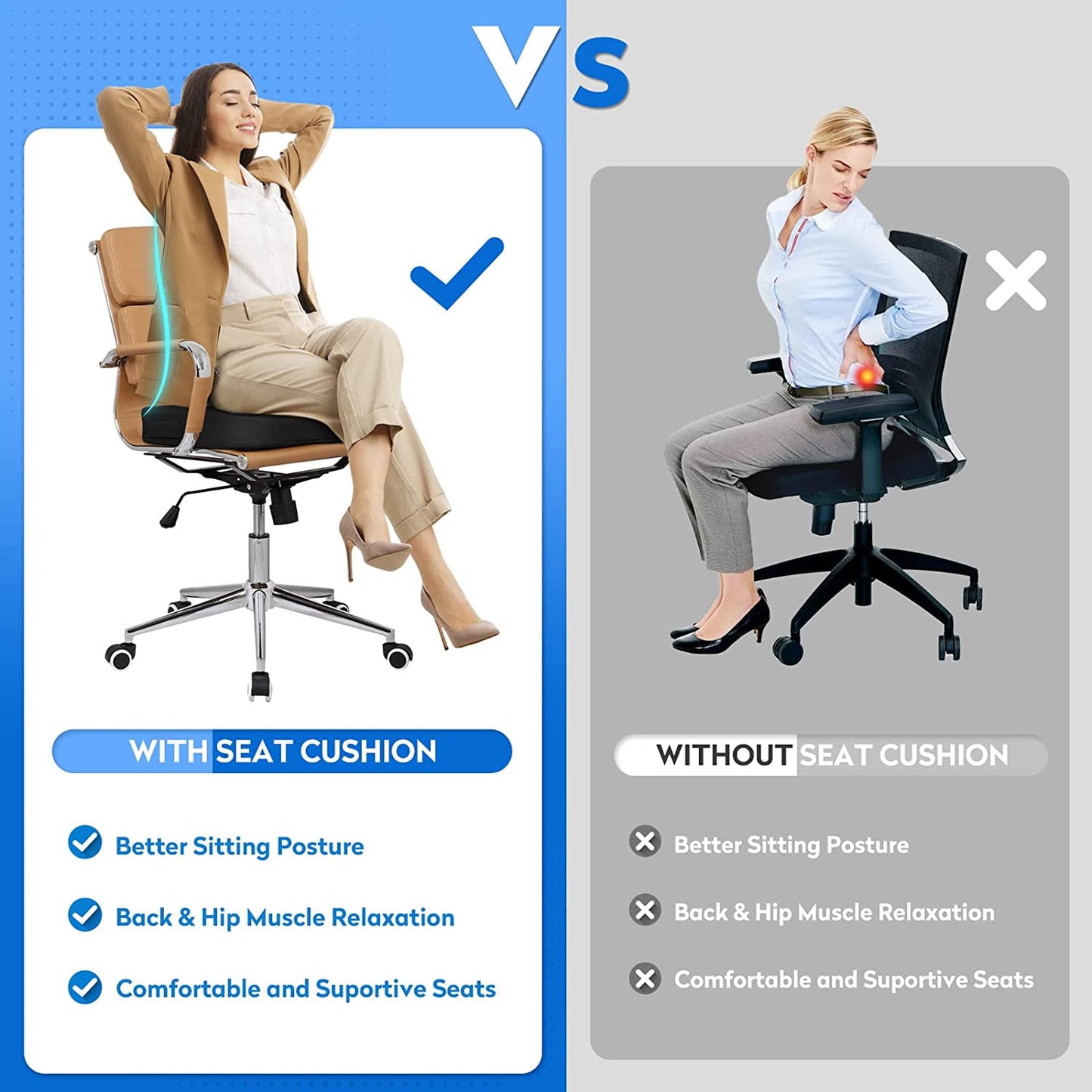 BN-LINK Seat Cushion, Office Chair Cushions Butt Pillow for Car Long Sitting, Memory Foam Chair Pad for Back, Tailbone Pain Relief (Black)