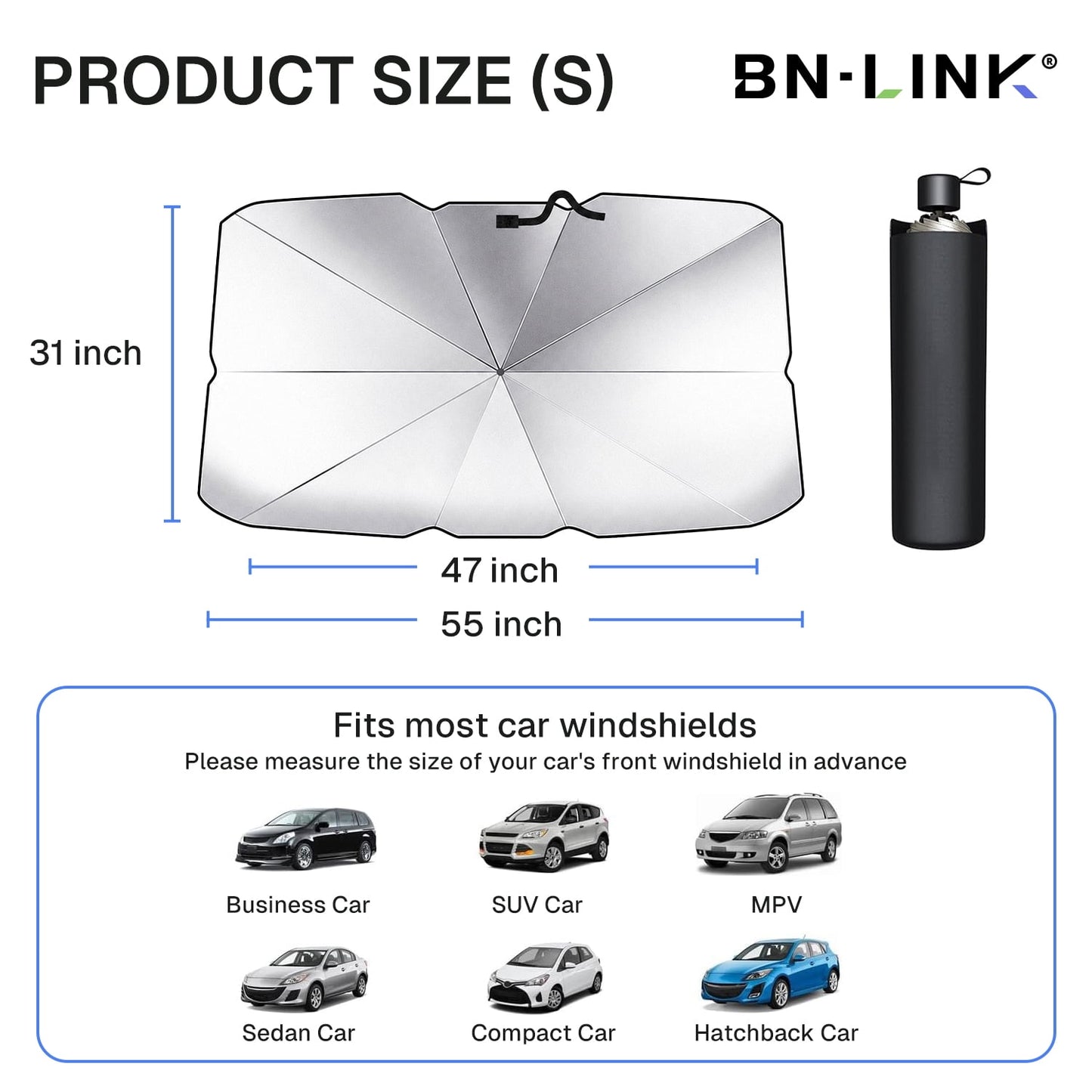 BN-LINK Foldable Car Windshield Sunshade, Heat & UV Rays Blocking Car Umbrella, Car Sun Shade with Carry Bag, Universal Fits Cars & SUVs (55.1" x 31.5")