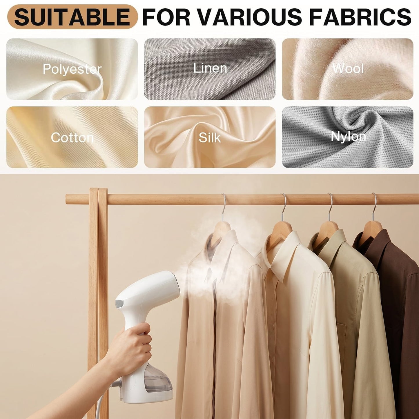 Behome 3 Level Handheld Steamer for Clothes, 265ml Large Capacity & Fast 30s Heat-up, Clothes Steamer with Brush, Travel Steamer for Home, Office