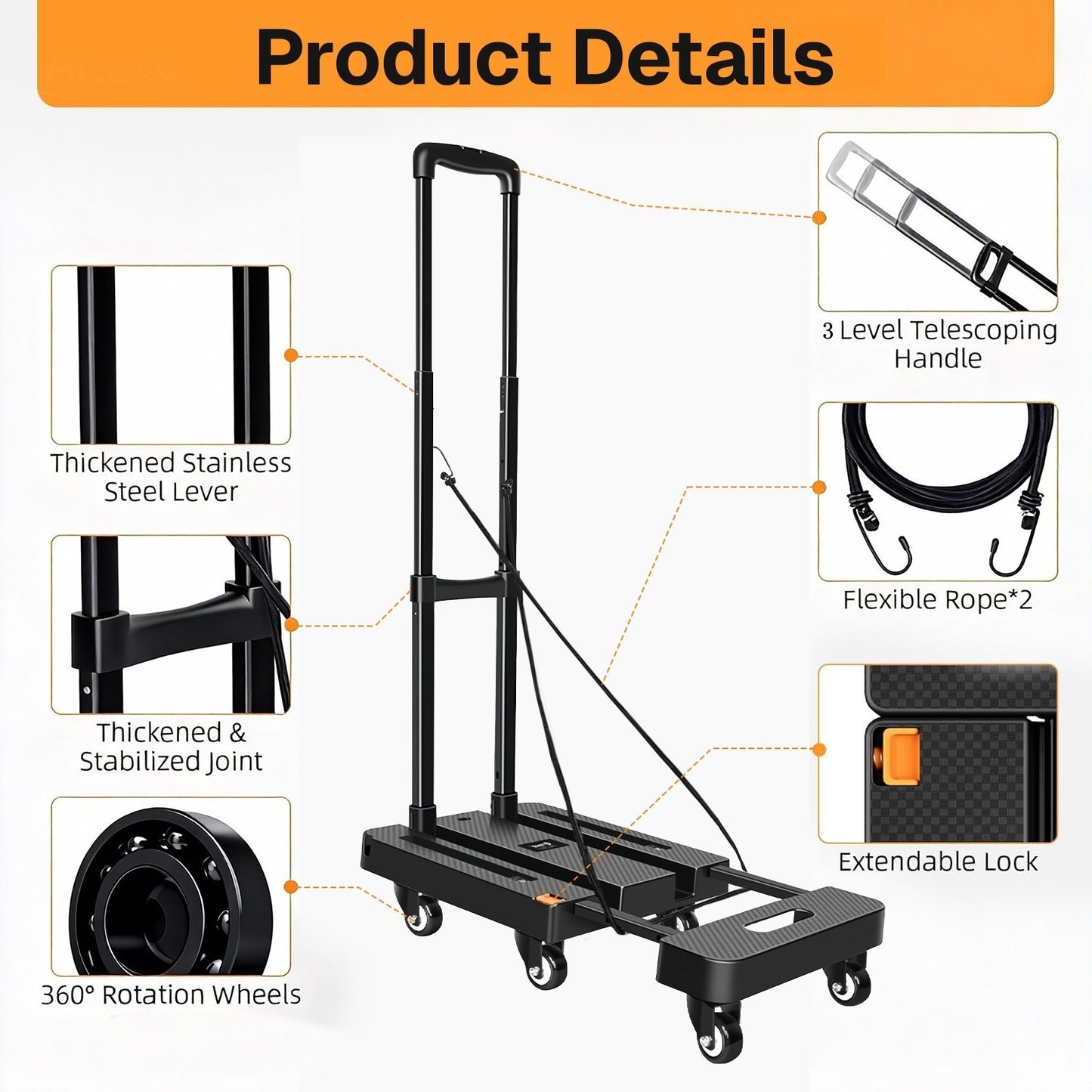 BN-LINK Folding Hand Truck, Portable Heavy Duty Dolly Cart, 6 Wheels Collapsible Luggage Cart with 2 Elastic Rope, for Moving, Travel, House, Office, Shopping, Black