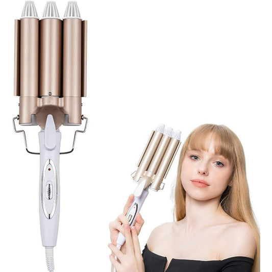 3 Barrel Curling Iron Hair Wand Dual Voltage Hair Crimper, 1 Inch Ceramic Tourmaline Triple Barrels, Temperature Adjustable Portable Hair Waver Heats Up Quickly for Women & Girls(Gold)