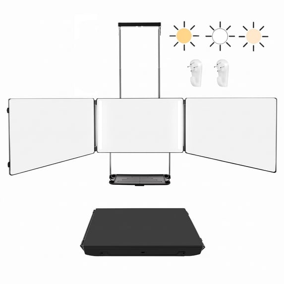 Behome 3 Way Mirror for Hair Cutting with Light and Storage Shelf, 360°Trifold Mirror with Adjustable Brightness & Height, for Shaving, Makeup, Hair Styling(Black)