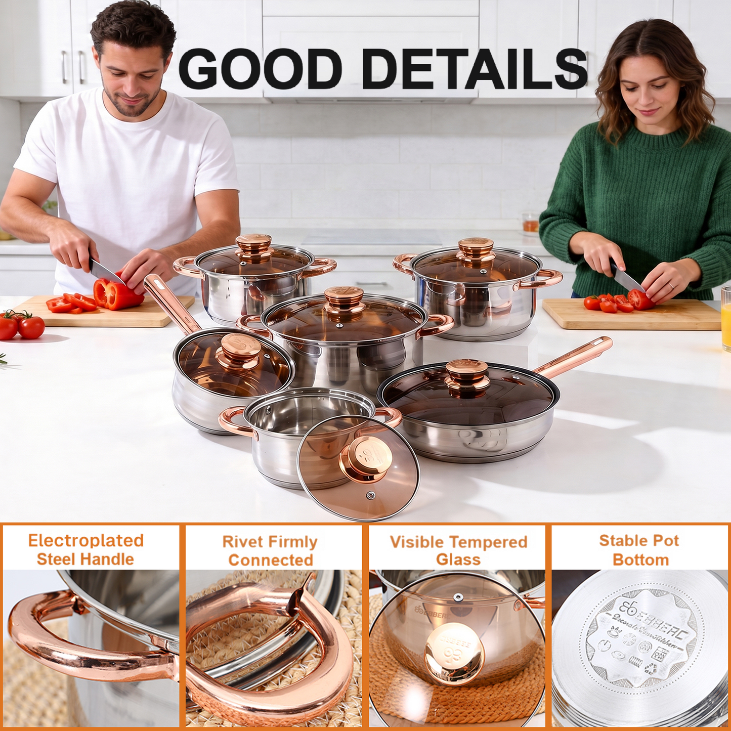 Behome 12Pcs Stainless Steel Cookware Set, Pots and Pans Set with Ergonomic Handles, Compatible with Induction, Electric, Gas Cooktops, Dishwasher Safe