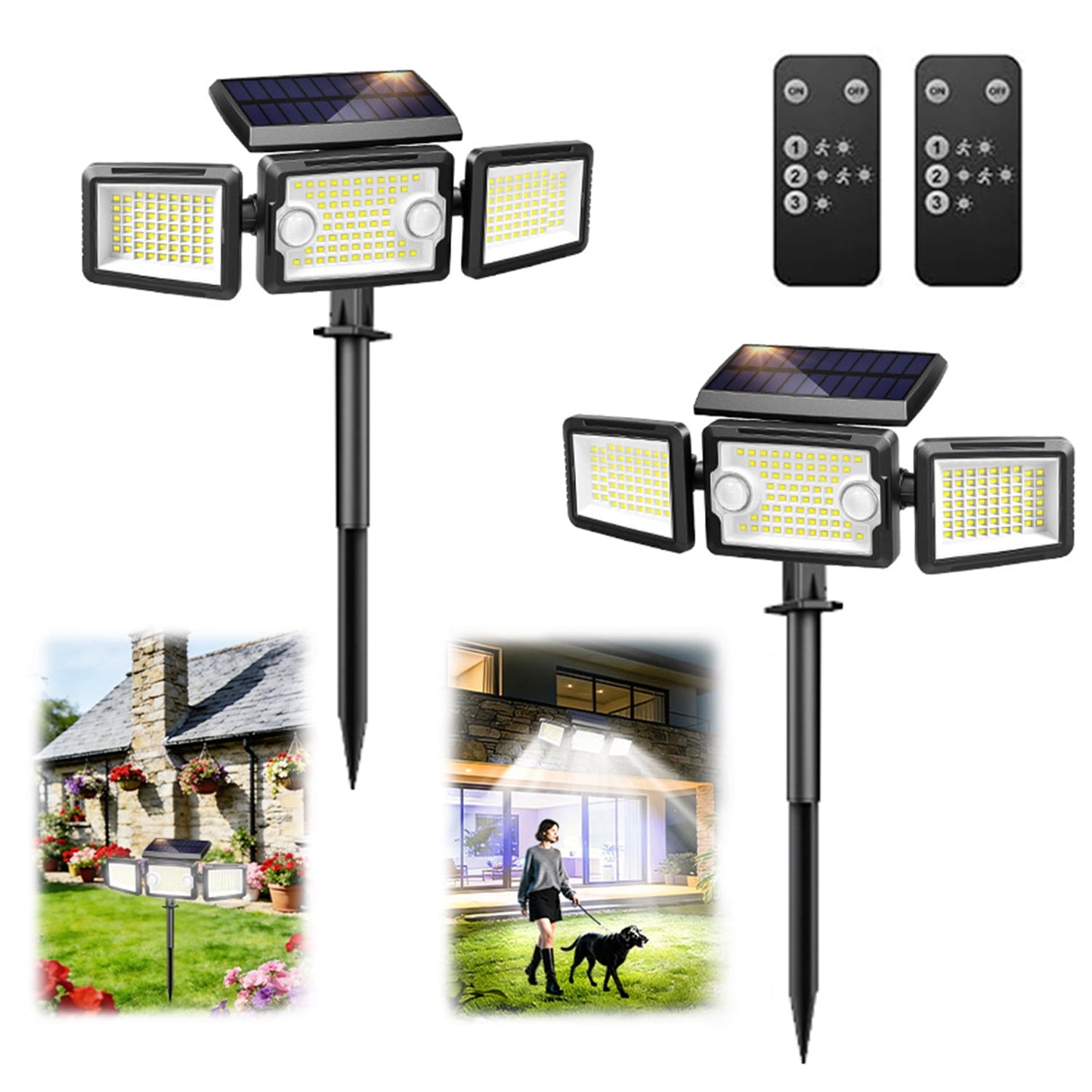 BN-LINK 2-Pack Solar Outdoor Lights, 188 LED Solar Motion Sensor Lights with 3 Adjustable Heads, 270°Wide Angle, IP65 Waterproof Solar Security Lights with Ground Stake for Yard, Garage