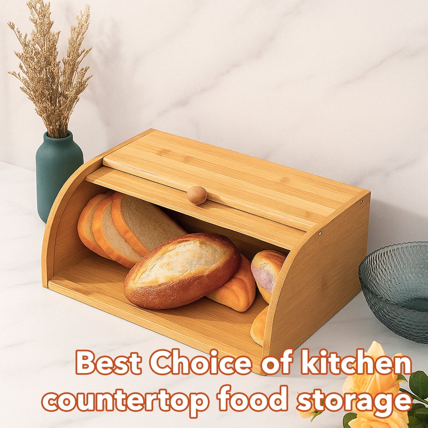 BN-LINK Bread Box, Bamboo Wood Bread Storage Box for Kitchen Countertop, Assembly Required Bread Bin