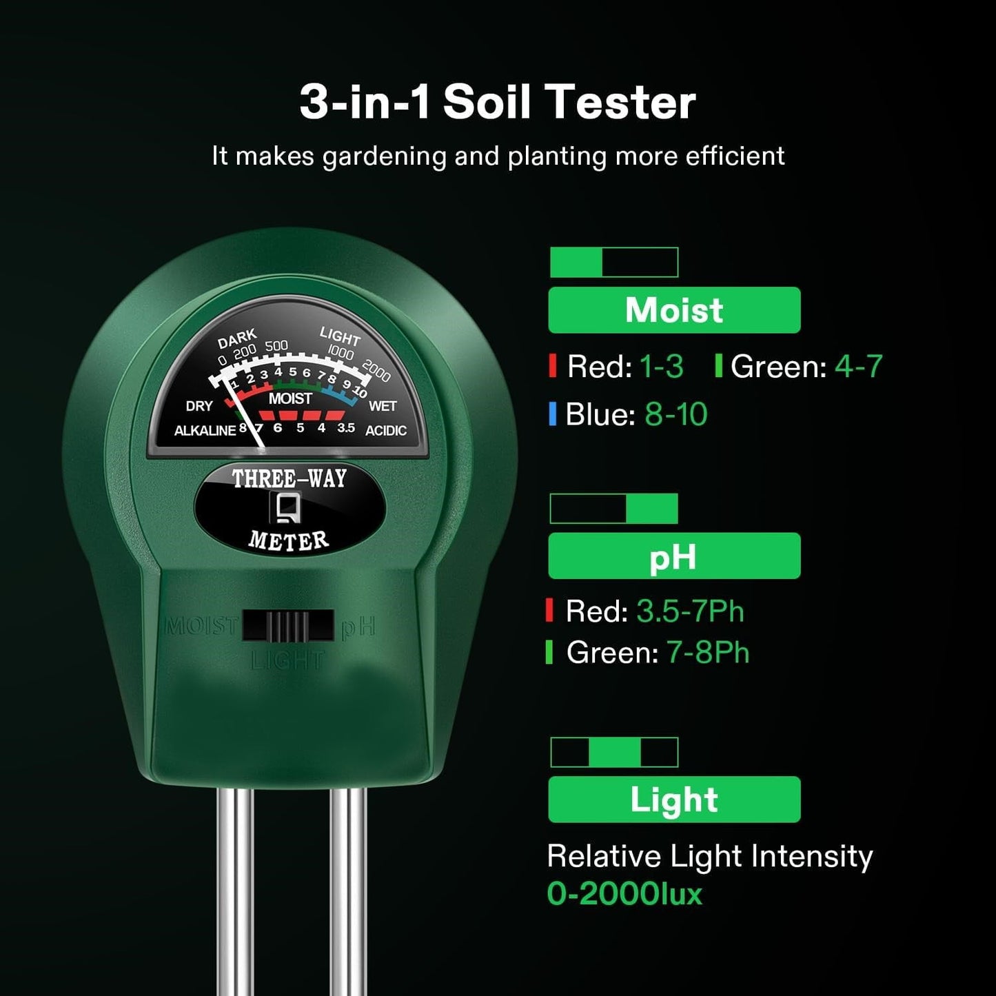 BN-LINK Soil Meter, 3-in-1 Plant Moisture Light PH Tester for Gardening, Farming Indoor & Outdoor Use, No Batteries Needed, 2 Pack, Green