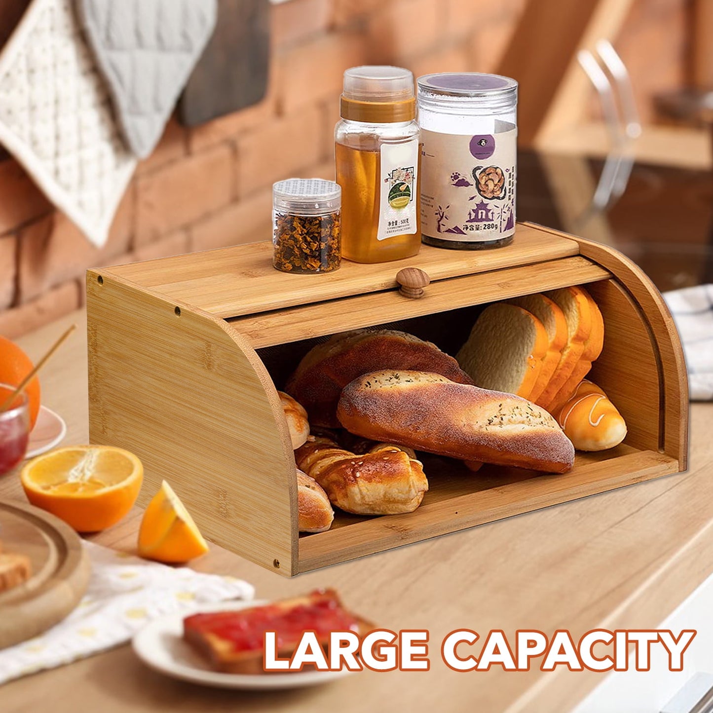 BN-LINK Bread Box, Bamboo Wood Bread Storage Box for Kitchen Countertop, Assembly Required Bread Bin