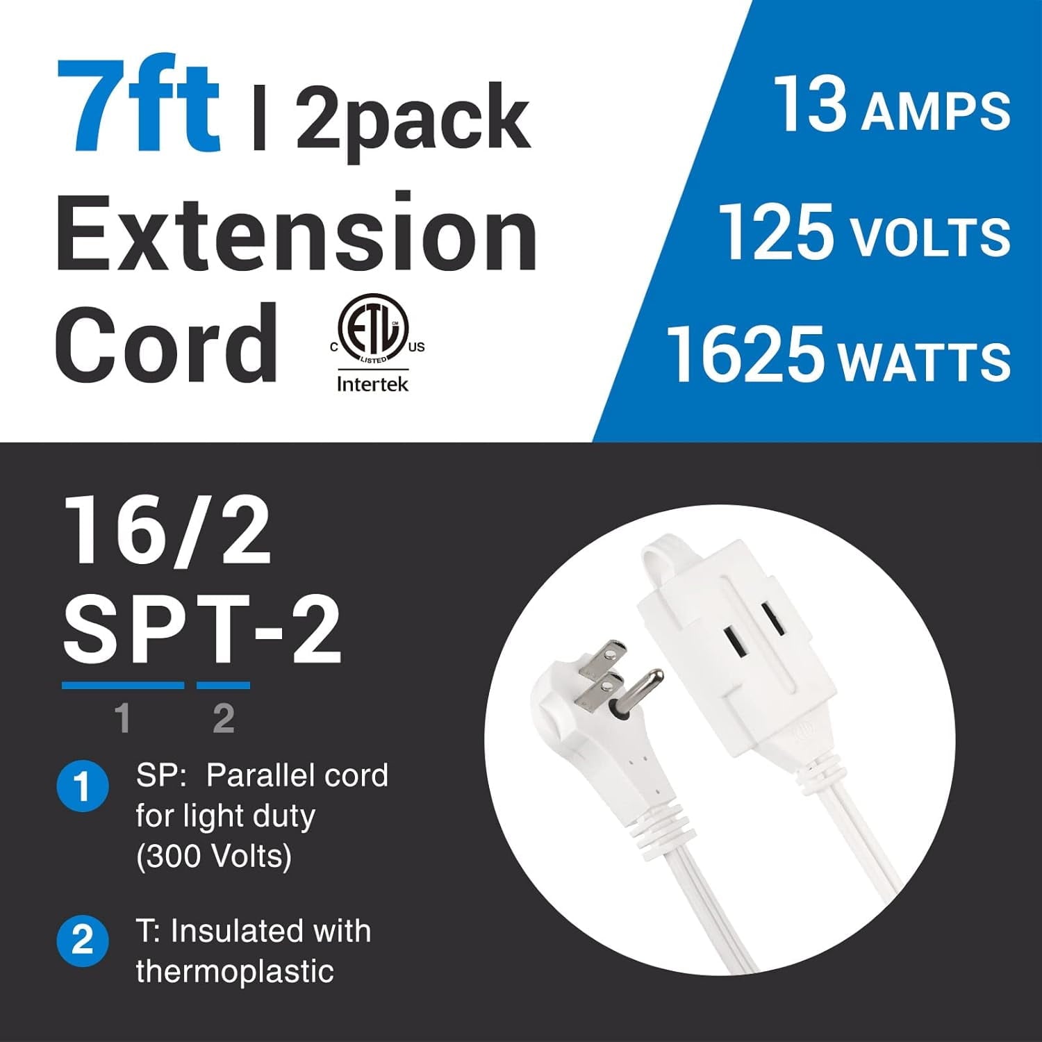 Clear Power 2-Pack 7 ft 3 Outlet Indoor Extension Cord 16/2 SPT-2, White, Low-Profile Flat Plug, 2 Prong Polarized, Perfect for Home, Kitchen, Offices