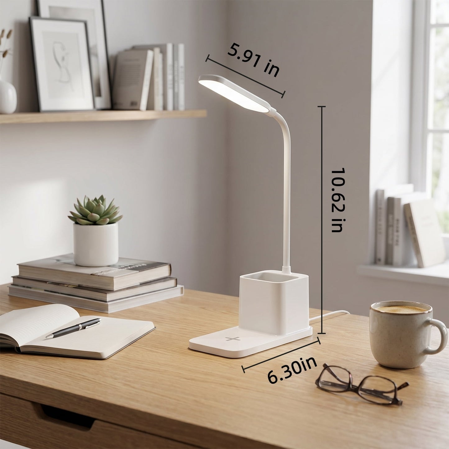Behome LED Desk Lamp with Wireless Charger & Pen Holder, Eye-Caring 3-Color Dimmable Table Lamp, Flexible Gooseneck Desk light for Home Office School, White