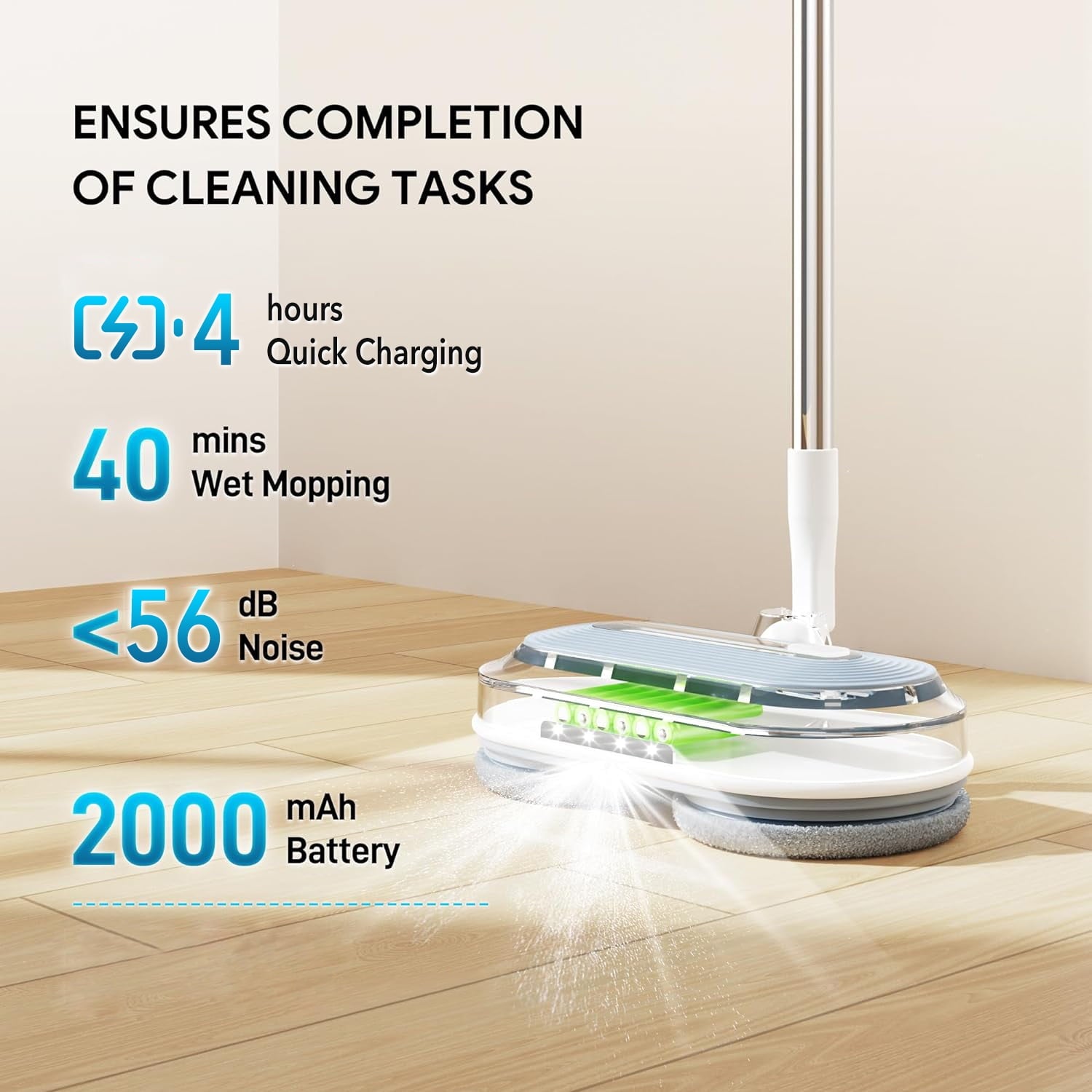 BN-LINK Cordless Electric Mop with Water Sprayer & LED Headlight, Powerful Floor Cleaner with 200ML Water Tank, Polisher for Hardwood, Tile Floors, Quiet Cleaning & Waxing