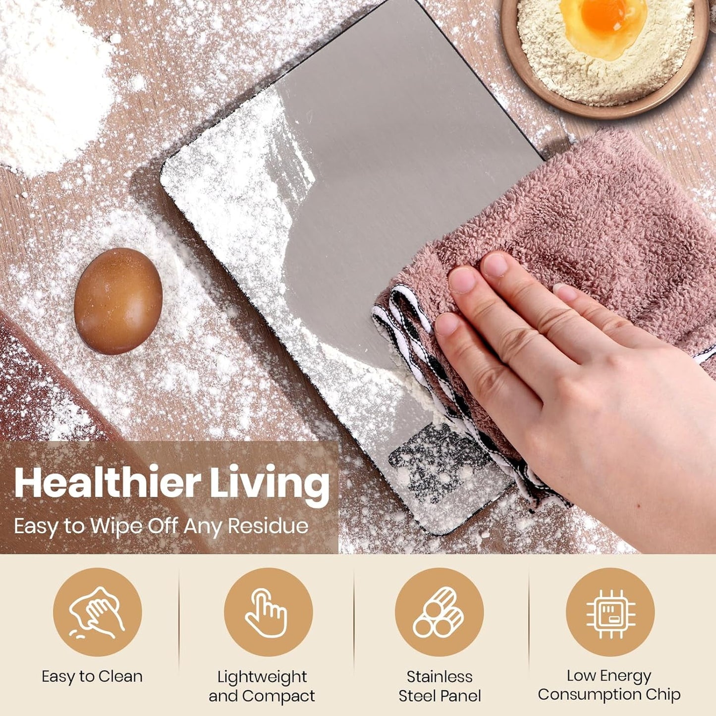 Behome Food Scale, Digital Kitchen Scales 10kg/22lb with Large LCD Display, Food Weighing Scales for Baking, Weight Loss, Calorie Counting, 5 Units Conversion, Silver