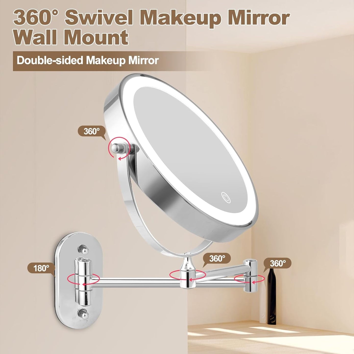 Behome Wall Mounted Lighted Makeup Mirror, 8" Rechargeable Double Sided 1X/10X Magnifying Mirror, 360°Rotation & 3 Color Lights Touch Screen Dimmable Vanity Mirror