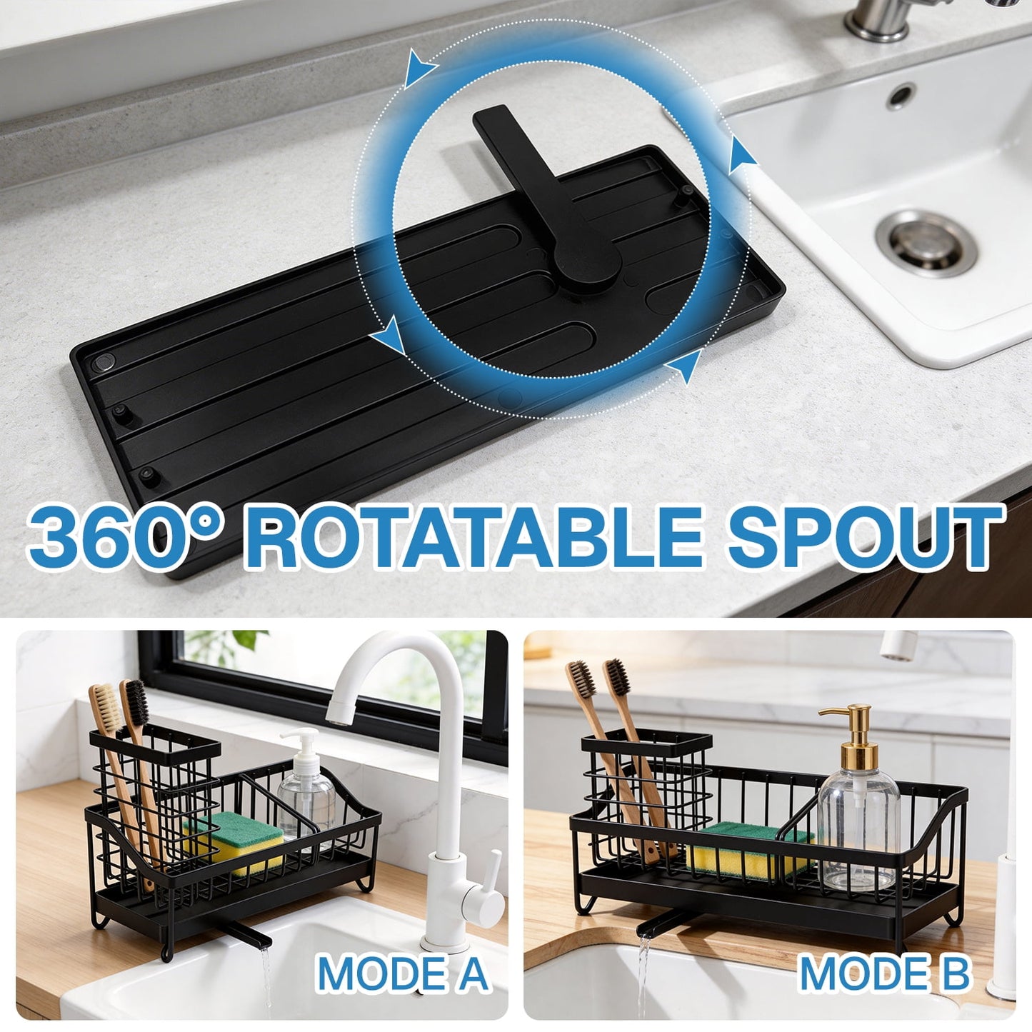 Behome Sponge Holder for Kitchen Sink, Sink Caddy Organizer with Brush Holder and Removable Drain Tray, Rustproof Kitchen Countertop Organizer for Sponge, Soap Dispenser Storage Accessories, Black