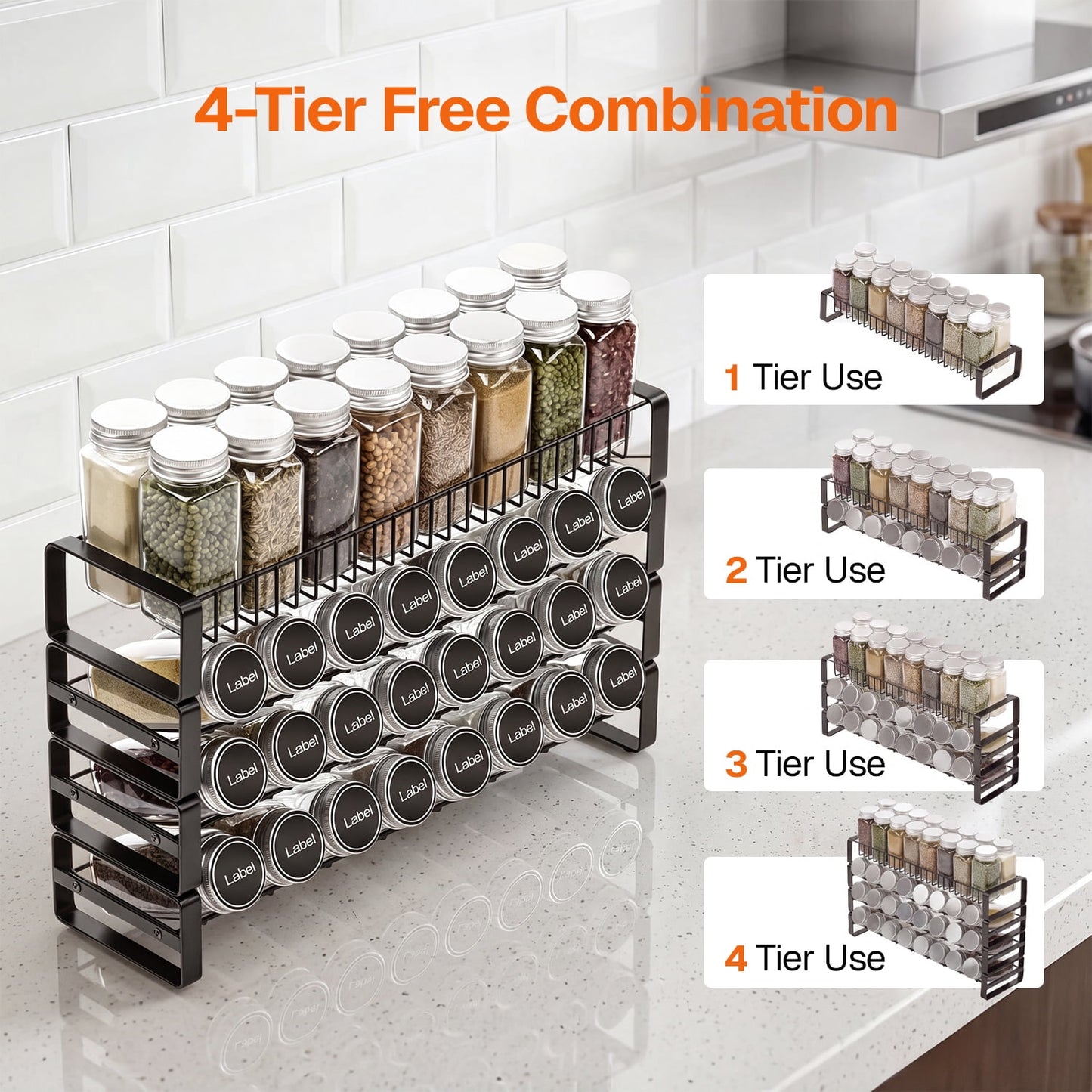 Behome 4 Tiered Spice Rack Organizer for Cabinet, Spice Seasoning Rack Organizer Without Jars, Metal Seasoning Storage Rack for Kitchen Countertop, Black