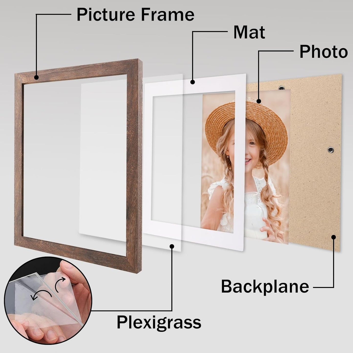 Behome 2 Pack 8 x 10 Picture Frame, Display Pictures 5x7 with Mat or 8x10 Without Mat, Photo Frame for Wall Mounting or Tabletop Display, Brown