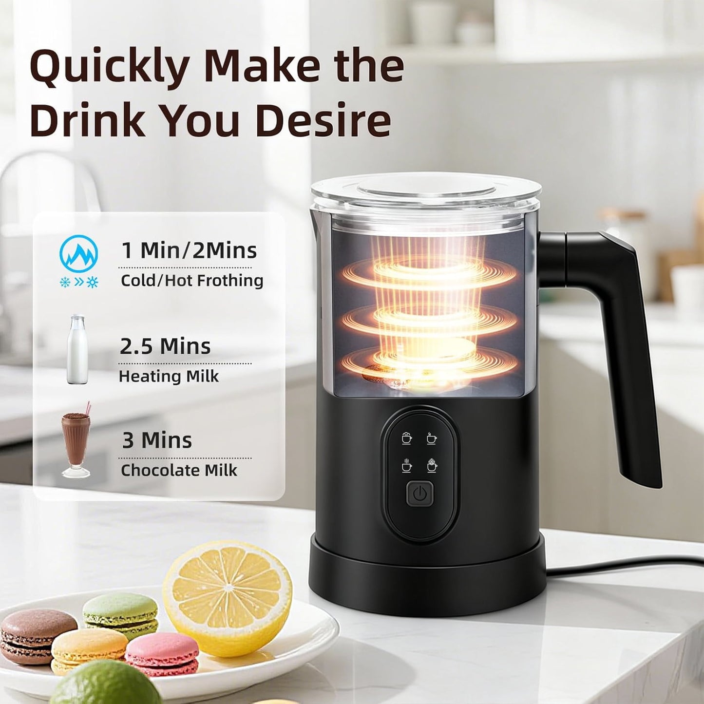 Behome Milk Frother, 4 in 1 Electric Milk Steamer, 11.8oz/350ml Automatic Hot and Cold Foam Maker and Milk Warmer for Latte, Cappuccinos, Macchiato, Hot Chocolate, Black