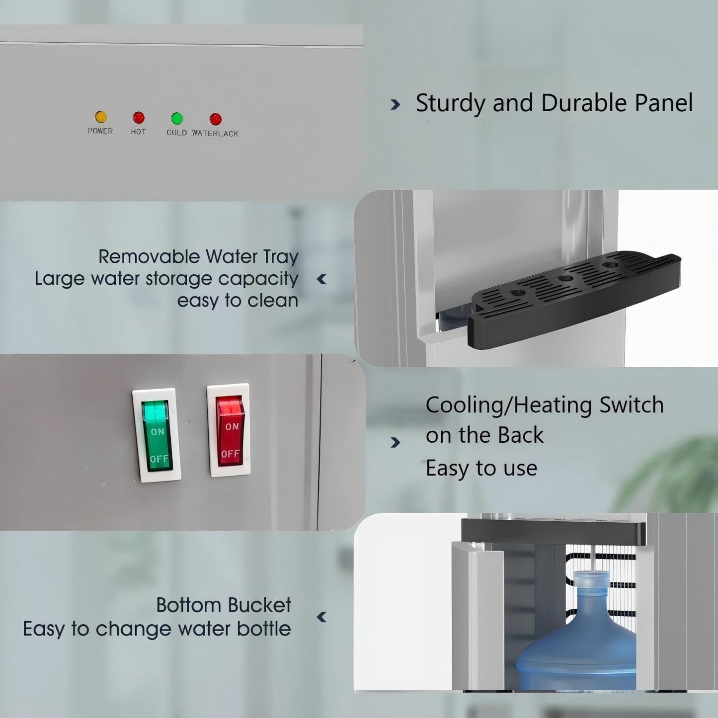 Behome Bottom Load Water Cooler Dispenser with Lack Water Alert, 3 Temperature Settings-Hot, Cold & Room-Temperature Water, Holds Up to 5 Gallon Bottles, for Homes, Kitchens, Dorms