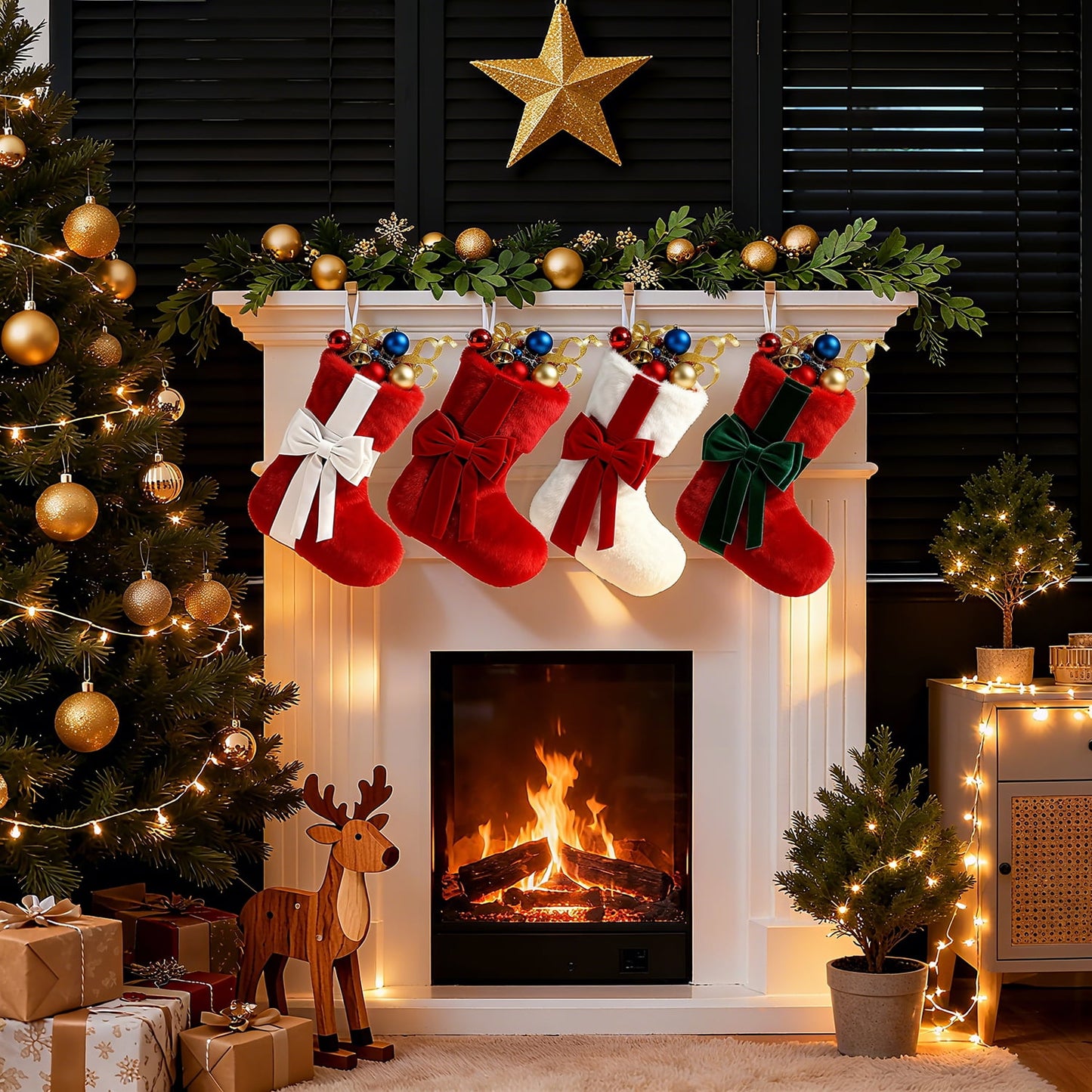 Behome 4 Pack Christmas Stockings, Xmas Plush Stocking Fireplace Decor Hanging Christmas Socks, 18" Holiday Christmas Decoration Gifts for Family Kids