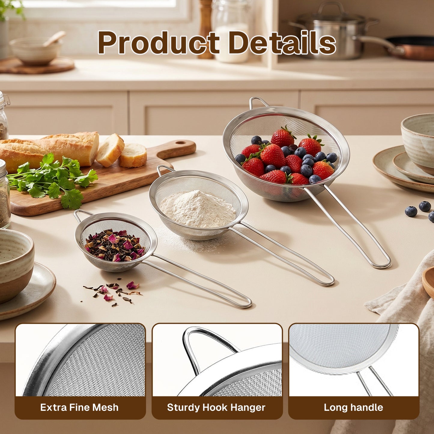Behome 3 Pack Fine Mesh Strainer with Handle, Stainless Steel Sifters, for Straining, Sifting, Draining Vegetables, Pasta, Tea, Flour, 4.6", 5.3", 6.2"