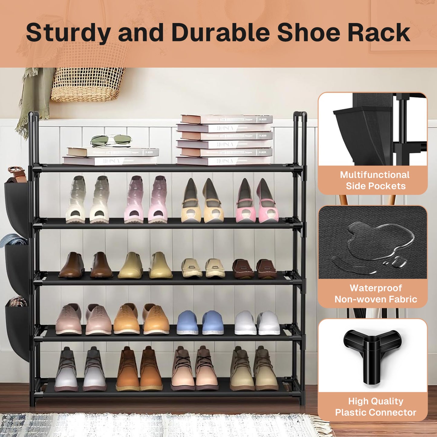 Behome 5-Tier Metal Shoe Rack, Shoe Rack Storage Organizer with Side Pocket, Shoe Shelf for Entryway, Closet, Bedroom, Living Room, Black