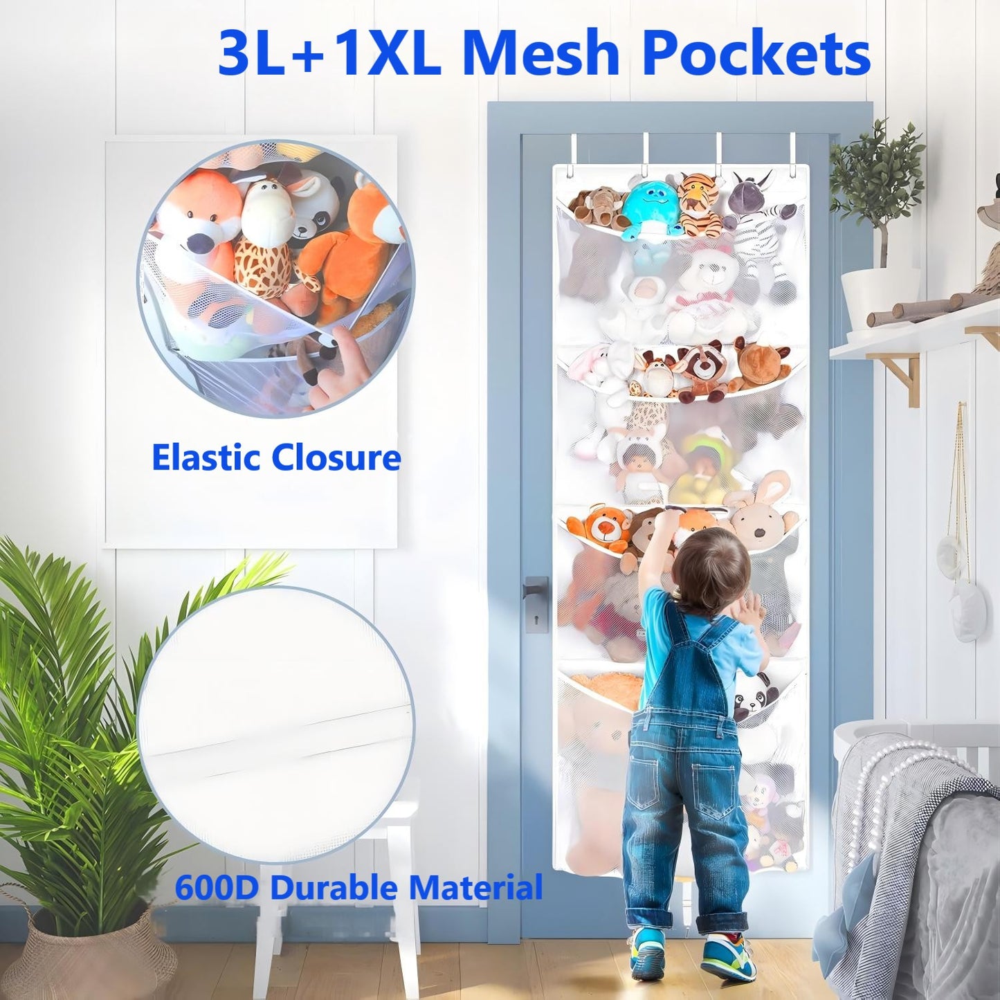 Behome Stuffed Animal Storage, Over the Door Organizer with 4 Large Pockets, Hanging Door Toy Organizer for Bedroom, Bathroom, Pantry, White