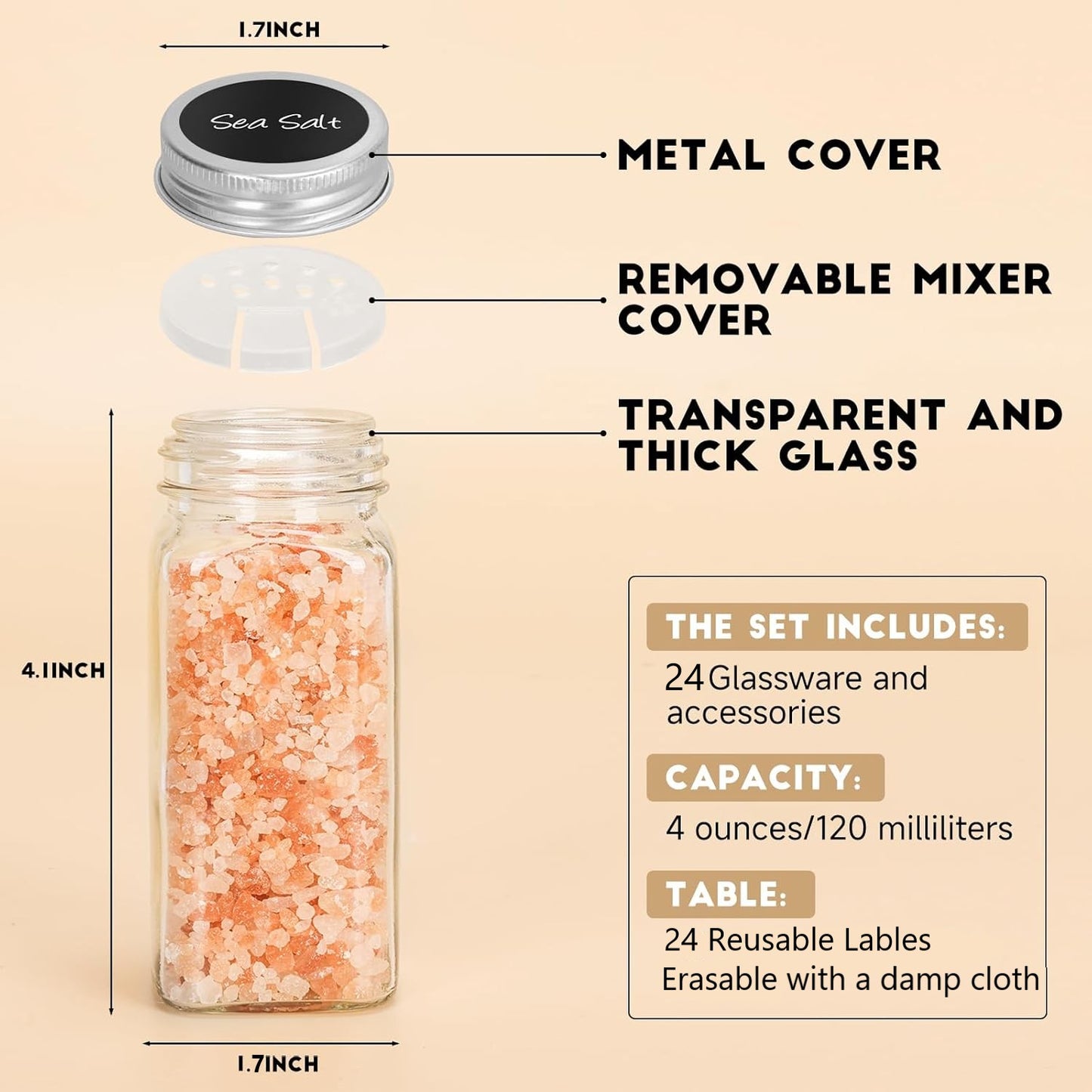 Behome 24 Pcs Glass Spice Jars with Spice Labels, 4oz Empty Square Spice Bottles with Shaker Lids, Airtight Caps, Funnel, Chalk Pen, Seasoning Bottles for Spice Rack, Drawer, Cabinet
