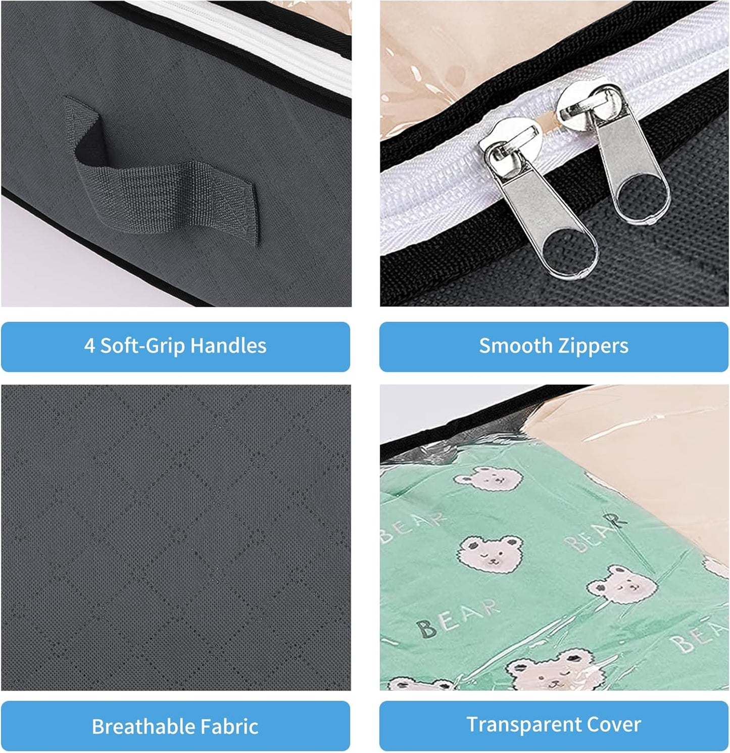 Behome 90L Under Bed Storage Containers, 4 Pack Closet Organizers and Under Bed Storage Bins, Foldable Underbed Storage Bags with Handles for Comforter, Blanket, Towels, Clothes, Gray