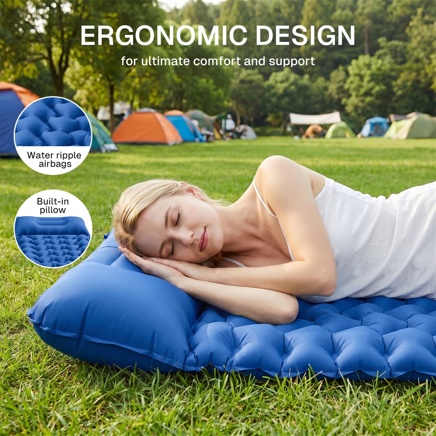 BN-LINK Camping Sleeping Pad, Inflatable Camping Mattress with Built-in Foot Pump & Pillow, Compact Sleeping Pad for Camping, Tent, Backpacking, Hiking,Blue