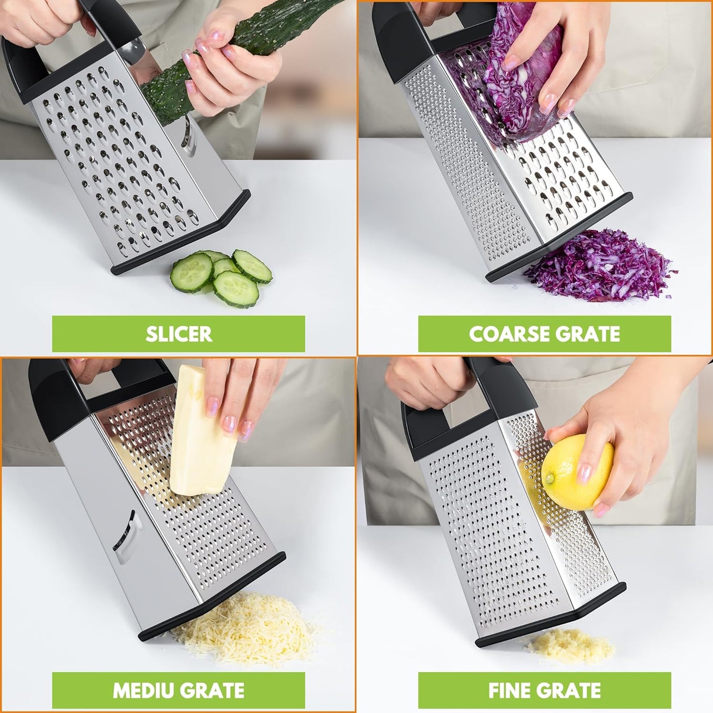 Behome Cheese Grater with Container, 4-Side Stainless Steel Cheese Shredder & Vegetable Chopper with Slip Resistant Handle, Box Grater for Fruit, Vegetables, Ginger