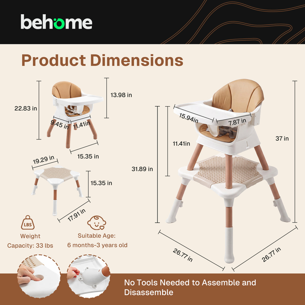 Behome 8 in 1 Baby High Chair, Convertible High Chairs for Babies and Toddlers, Infant Dining Booster Seat, Building Block Table, Kids Stool Table Chair Set with Removable Tray