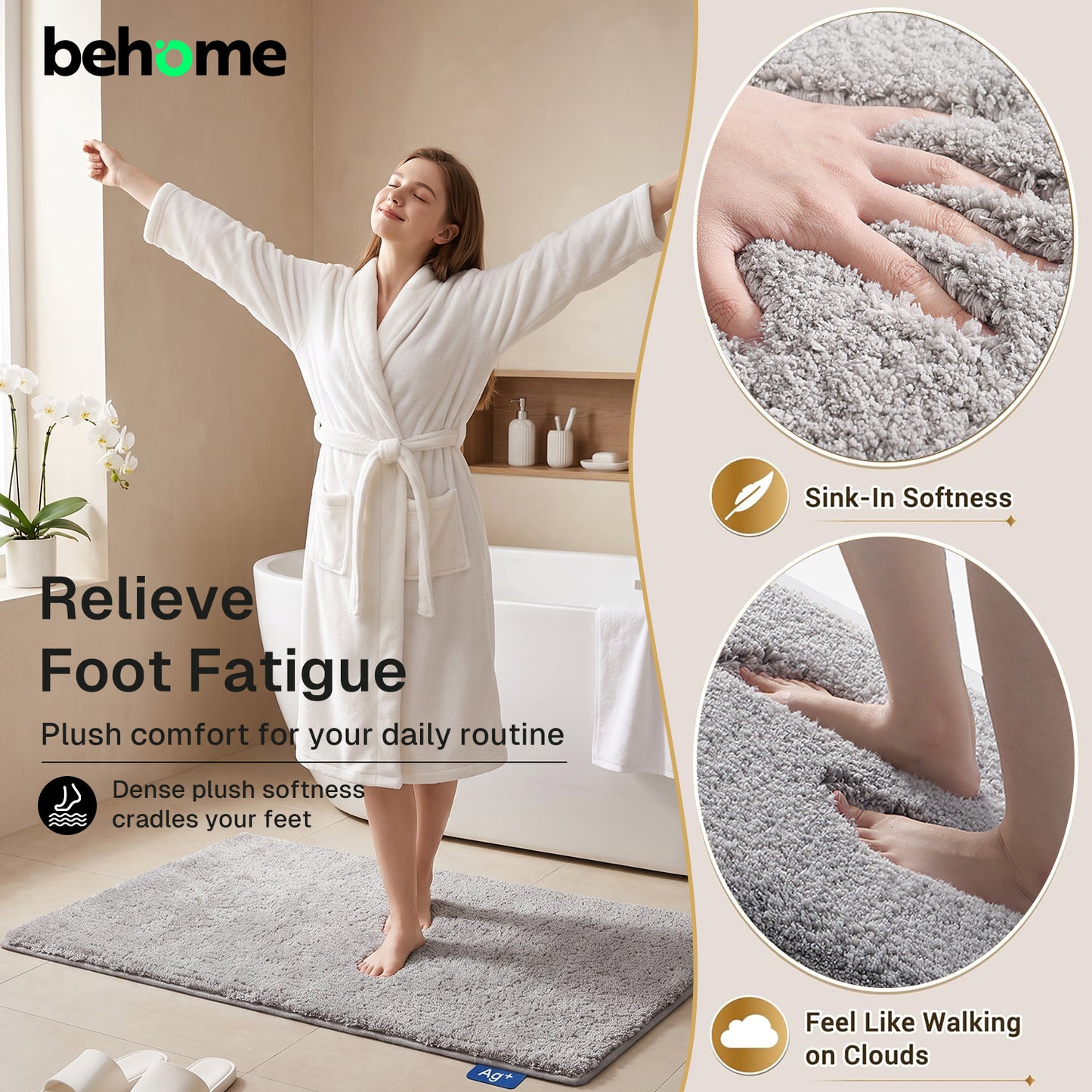 Behome Non-Slip Thick Bathroom Rugs, 16"x 24" Extra Soft and Absorbent Shaggy Bath Mat, Washable Bath Rugs for Bathroom Floor, Tub and Shower