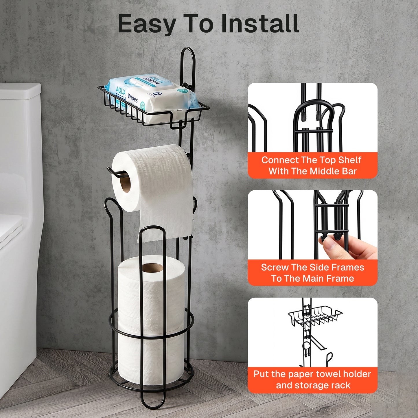 Behome Toilet Paper Holder Stand with Shelf, Freestanding Toilet Paper Holder with Dispenser for 4 Rolls, Heavy-Duty Steel Tissue Roll Storage Rack for Bathroom