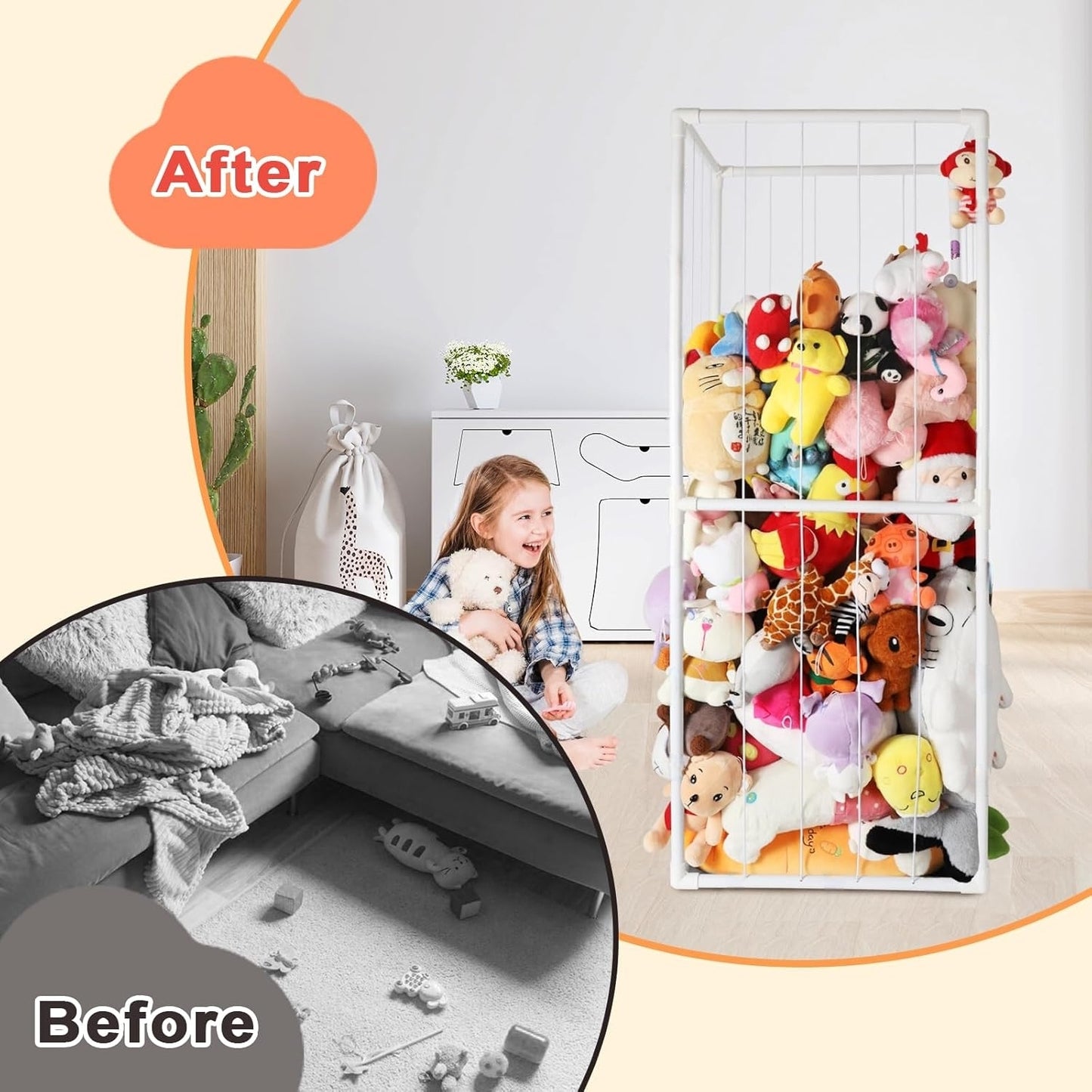 Behome Stuffed Animal Storage, Stuffed Animal Organizer with Elastic Cords for Boys Girls, Cute Zoo Toy Holder for Toddler Rooms, Playrooms & Bedrooms, White