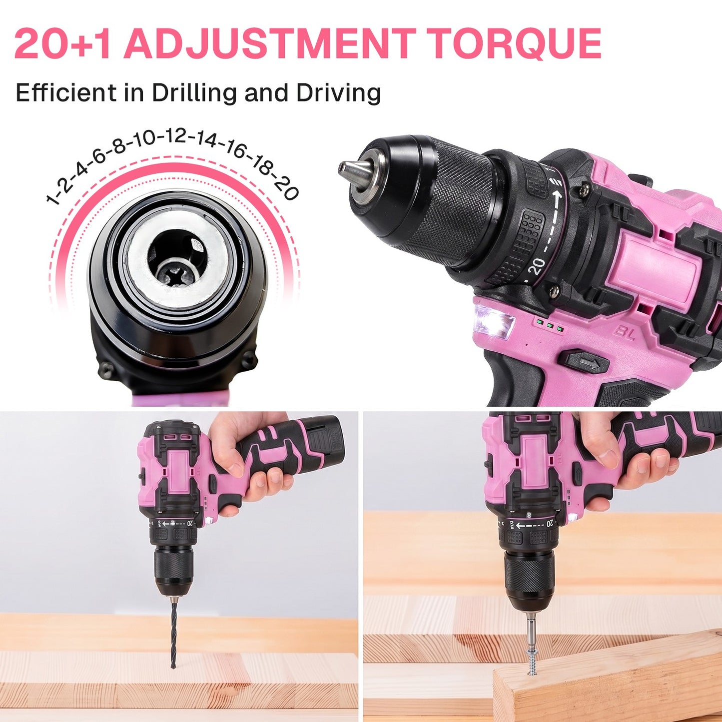 BN-LINK 16.8V Cordless Drill, 66Pcs Electric Power Drill Set, 20+1 Torque Setting,Lightweight Power Drill Tool Set for Home DIY Projects, Pink