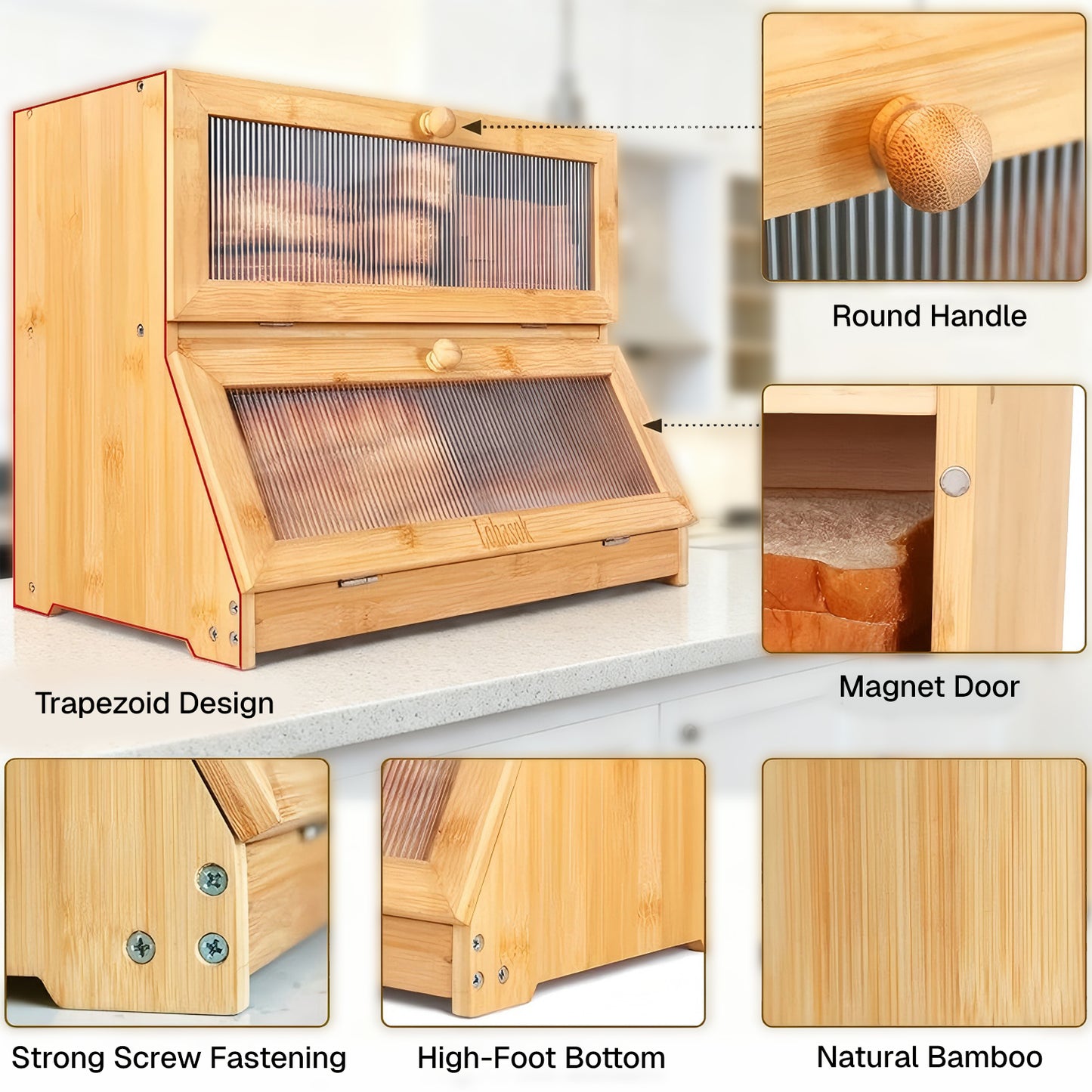 BN-LINK Double Layer Bamboo Bread Box, Large Capacity Bread Storage Bin with Window, Farmhouse Food Organizer for Kitchen Counter, Natural Bamboo