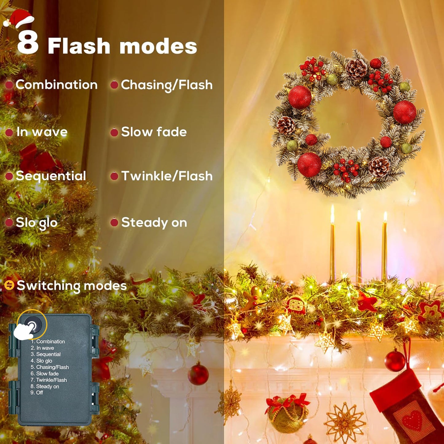 BN-LINK 24 Inch Pre-Lit Artificial Christmas Wreath, 8 Lighting Modes & 50 LED Lights & 180 Branch Tips, X-max Decoration for Home Wall Window Porch